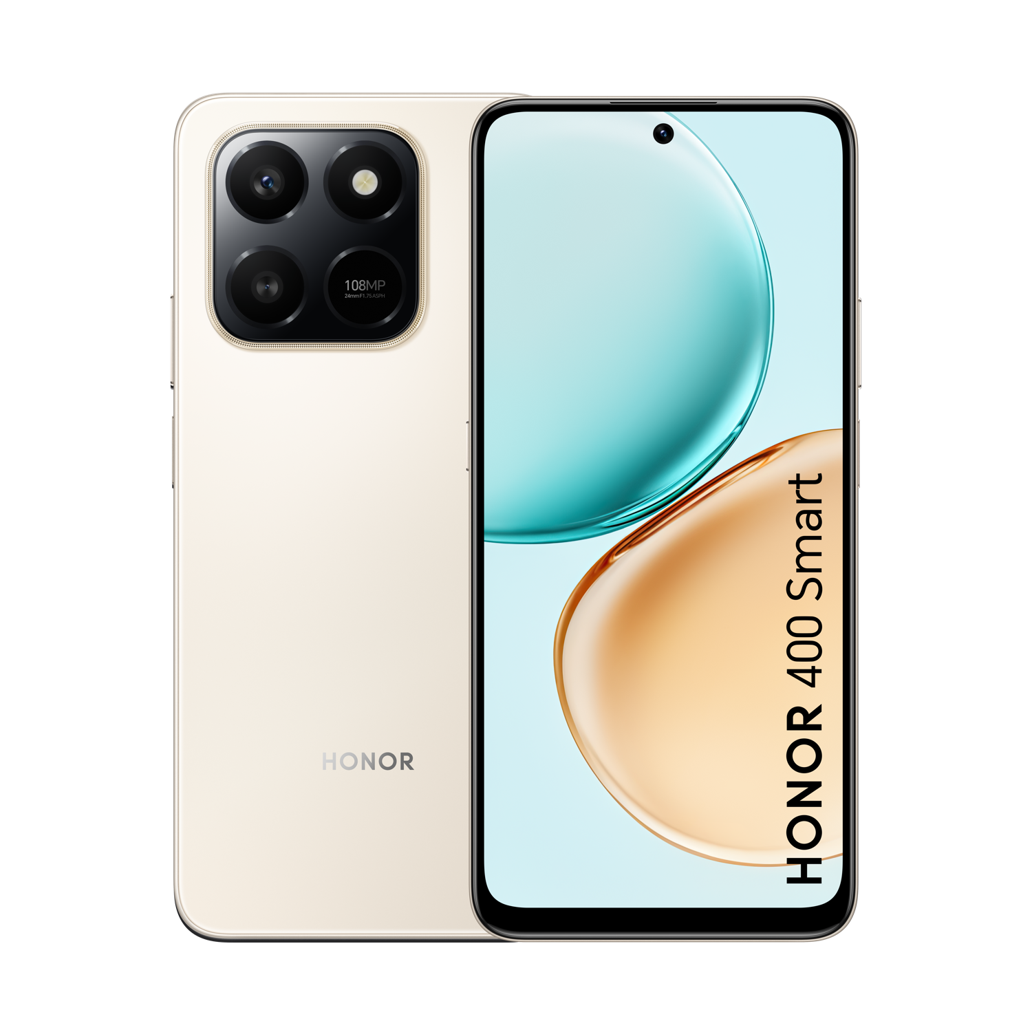 Honor 400 Smart telefoon. Beige achterkant met camera-opstelling en scherm met teal en goudkleuren. Honor logo op de achterkant.