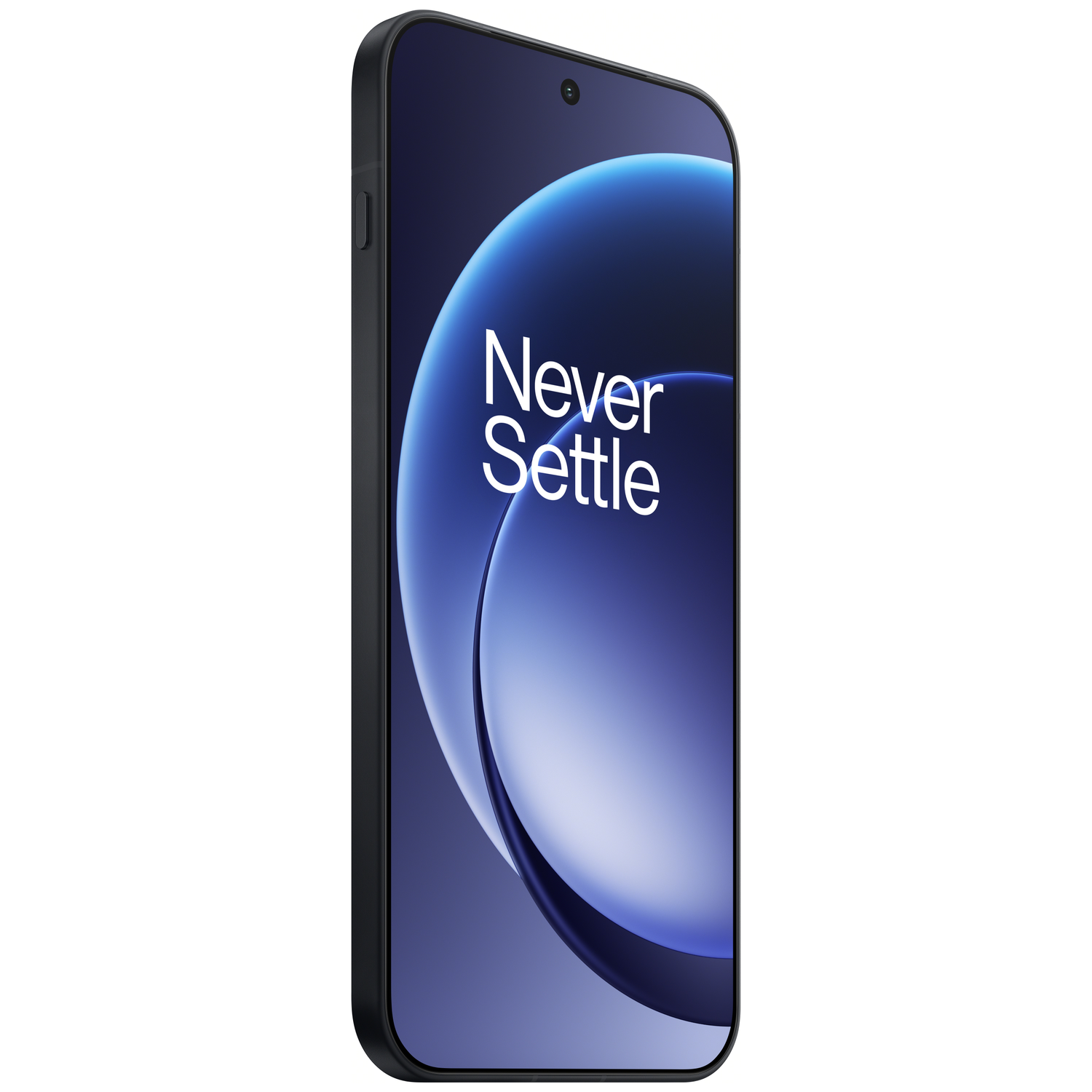 Een zwarte smartphone met een gebogen scherm waarop een blauw-witte afbeelding en de woorden 'Never Settle' staan.