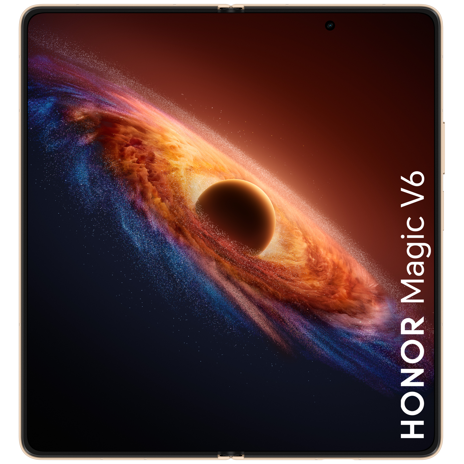 Een gouden opvouwbare telefoon met kosmische achtergrond en tekst.
