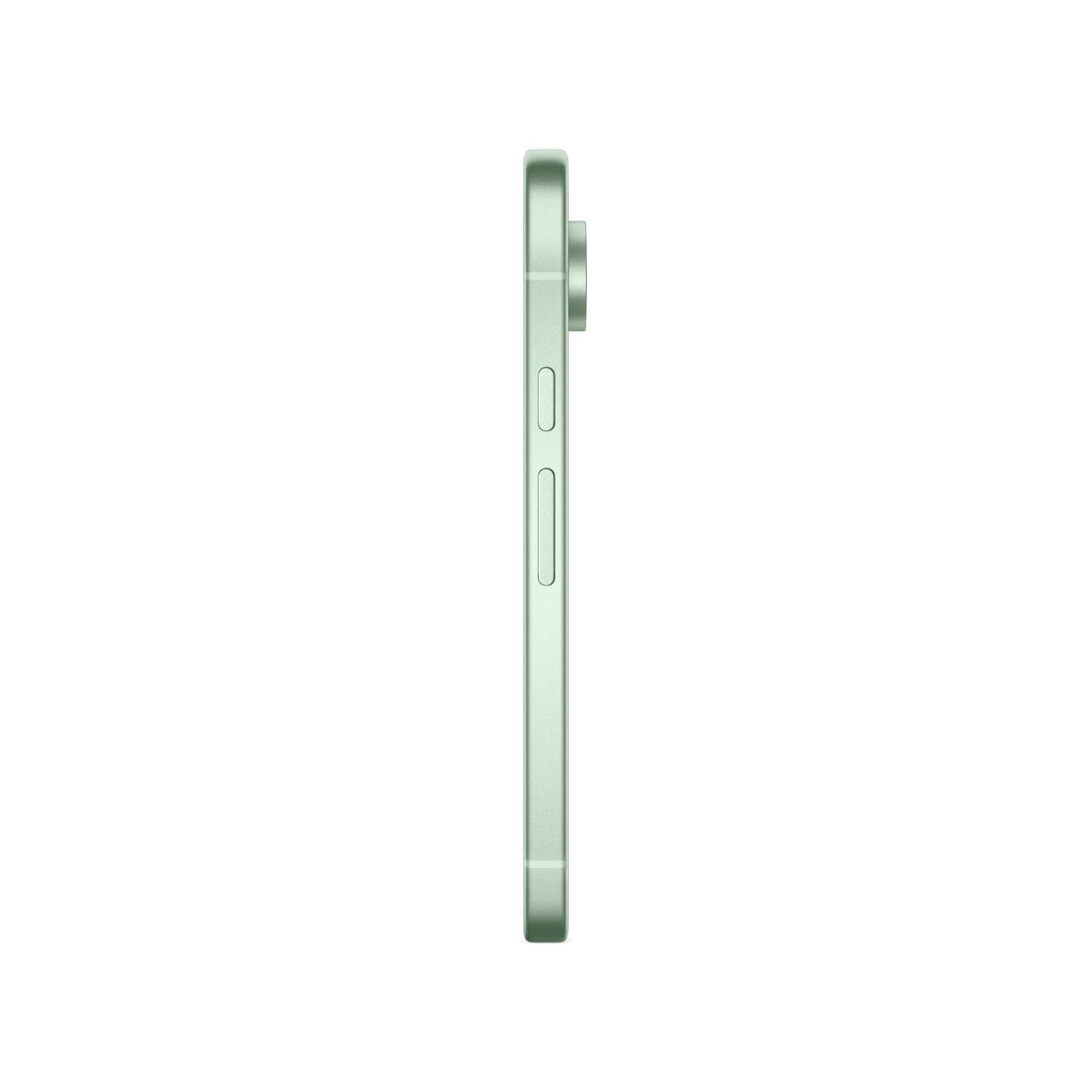 Een zijaanzicht van een lichtgroene smartphone, met een camerabult en volumeknoppen zichtbaar.