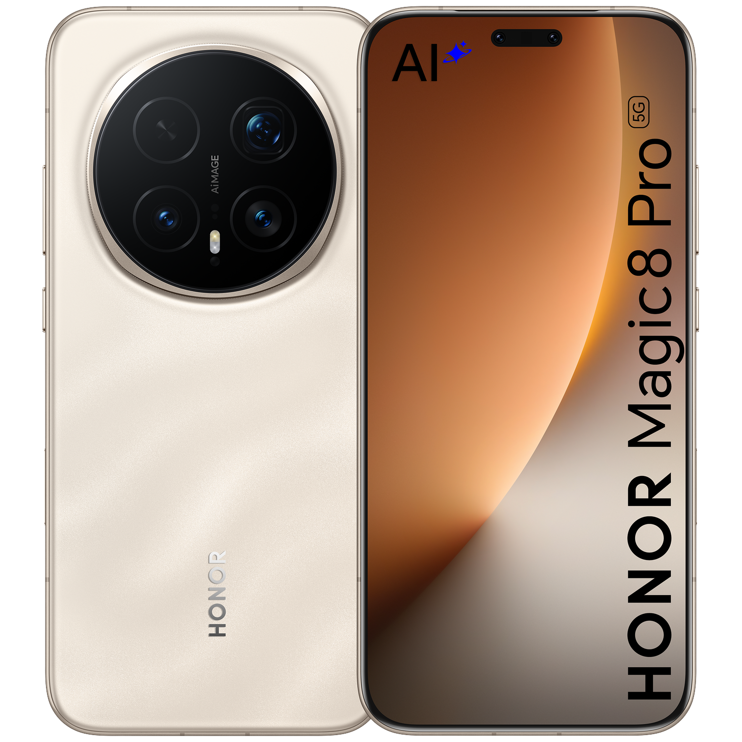 Een witgouden Honor Magic 8 Pro 5G smartphone, met voor- en achterkant zichtbaar.