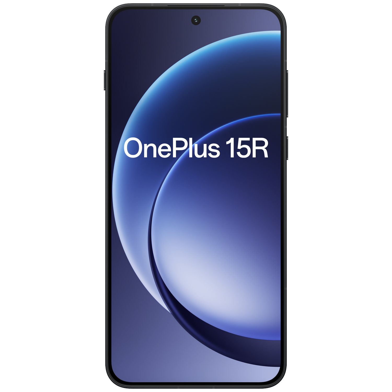 Een zwarte smartphone toont een blauw en wit abstract ontwerp met 'OnePlus 15R'. De telefoon heeft een camera aan de voorkant.