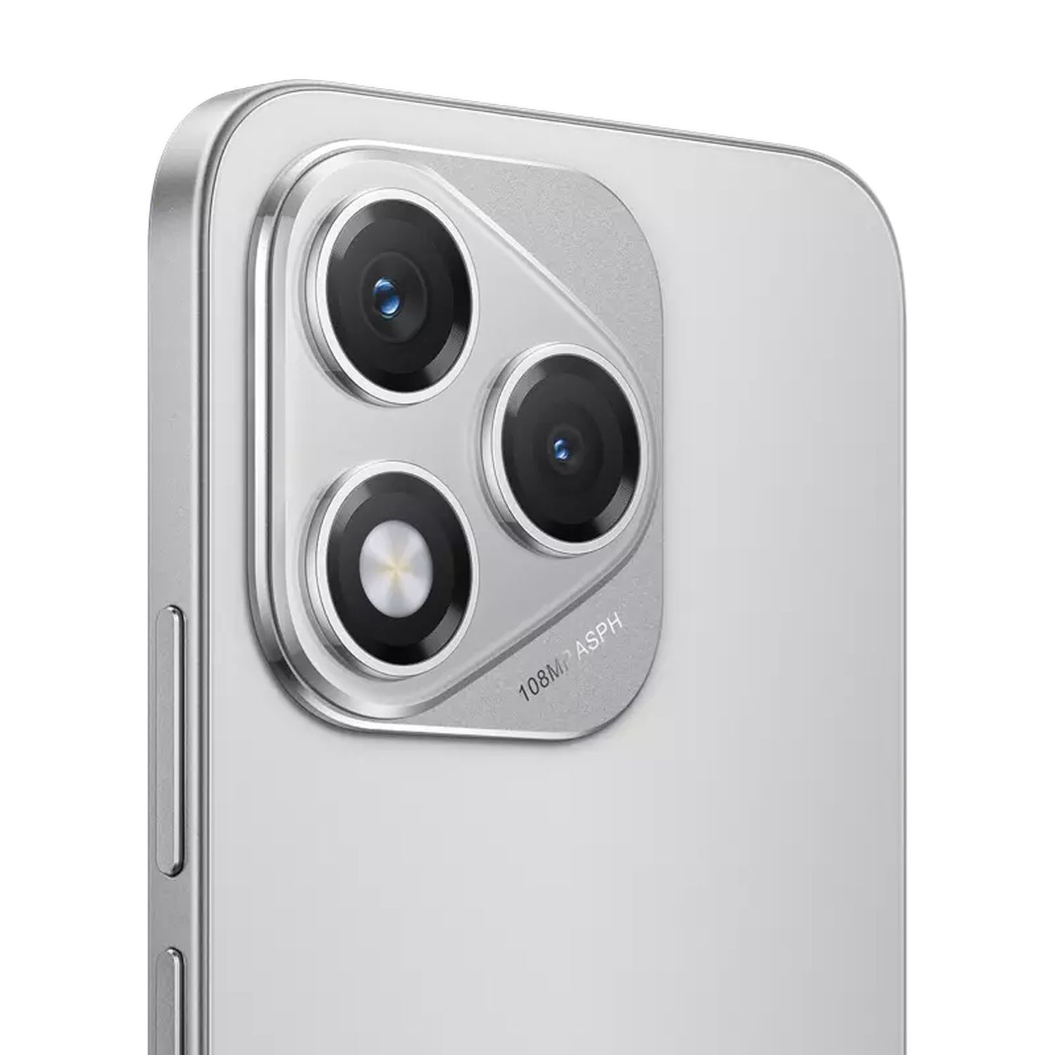 De achterkant van een zilveren telefoon heeft een camera met drie lenzen.