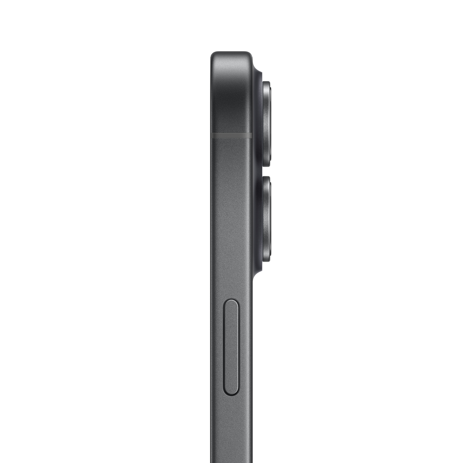Zijaanzicht van een donkergrijze smartphone, met cameralenzen en zijknoppen, tegen een witte achtergrond.