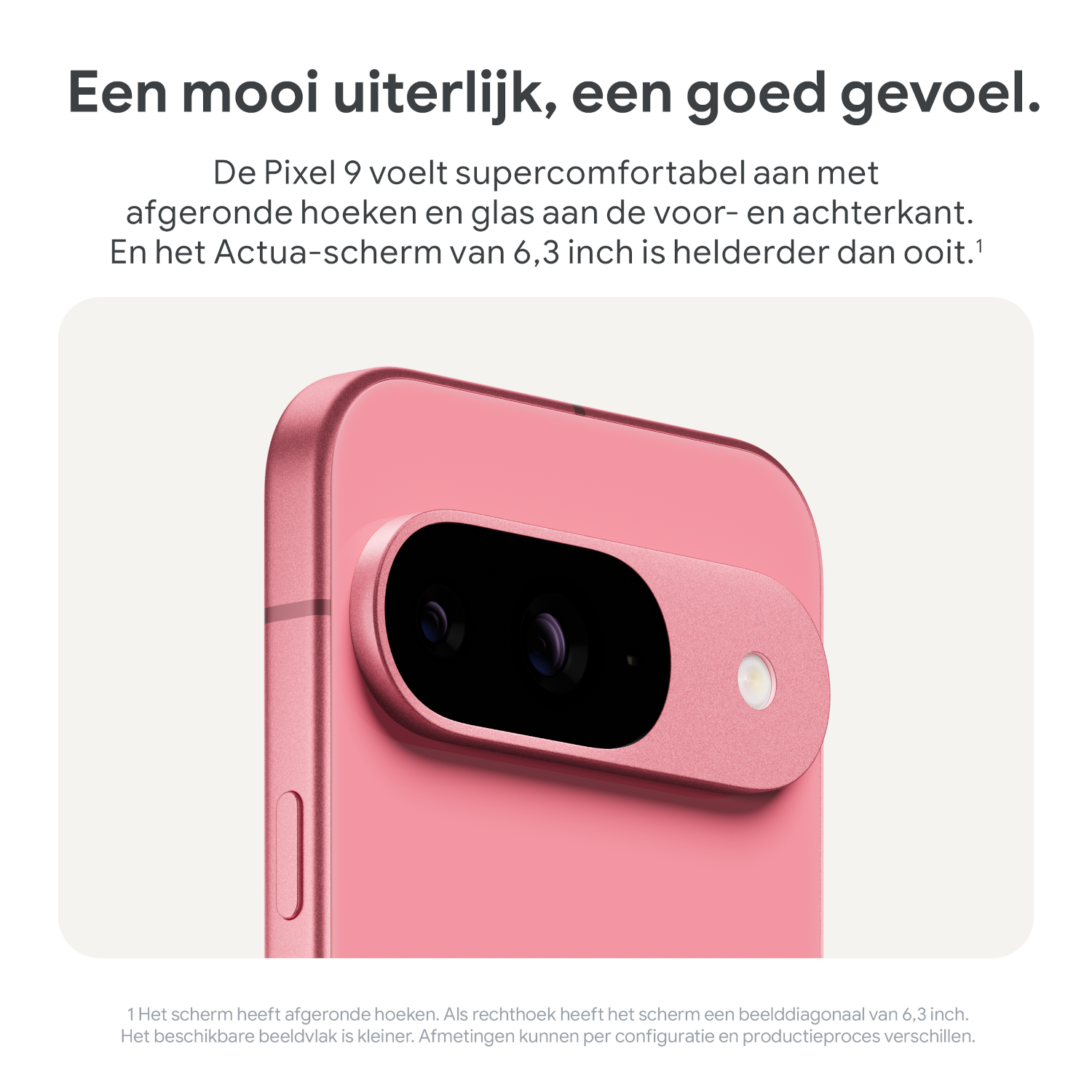 Close-up van een roze telefoon met een camerabult. Tekst en een witte achtergrond.