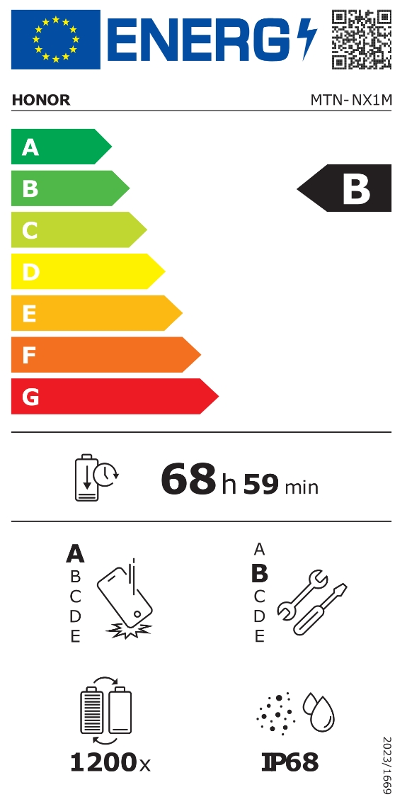 Energie-etiket HONOR, energieklasse B, batterijduur 68u 59min.