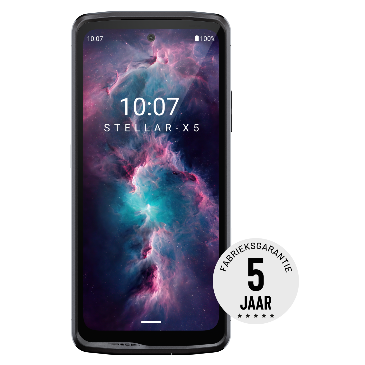 Zwarte smartphone met een kleurrijke nevel op het scherm en een garantiezegel: '5 jaar'.