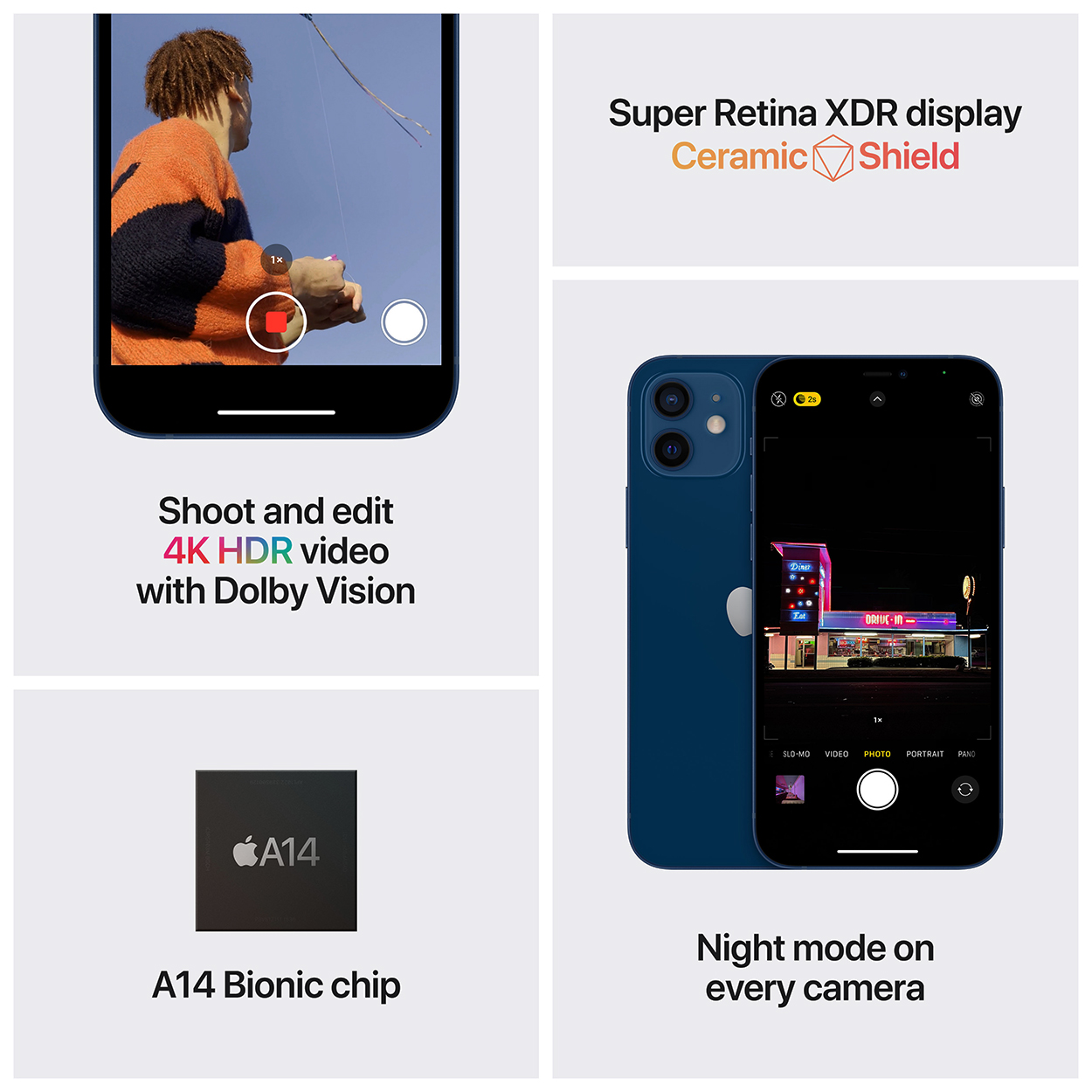 iPhone-scherm met 4K HDR videobewerking en een nachtmodus-afbeelding, met een chipafbeelding.