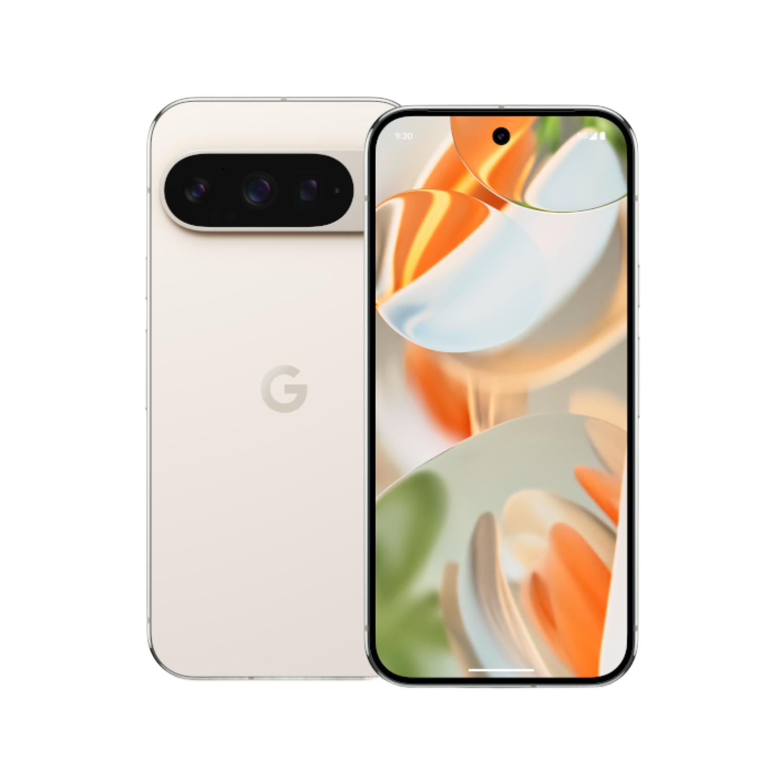 Een gouden telefoon met zwarte camerabalk en levendig behang.