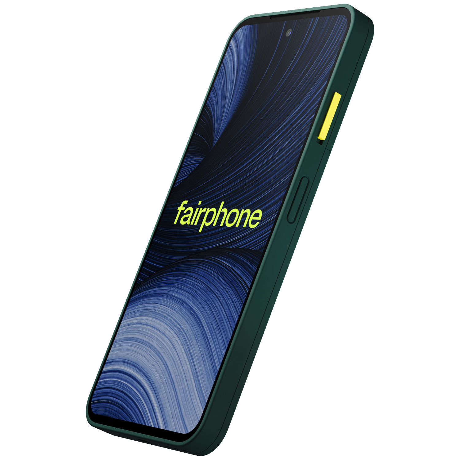 Groene Fairphone met een blauw wervelpatroon op het scherm en een gele aan-uitknop.
