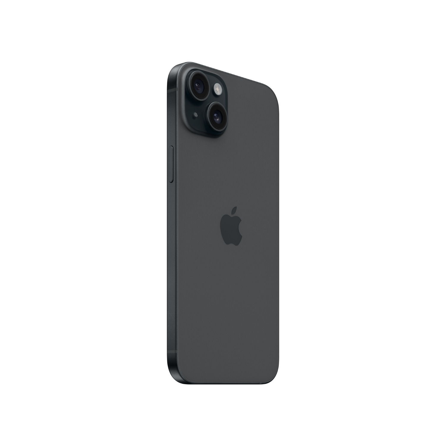 De achterkant van een grijze telefoon, met het Apple-logo en dubbele camera's, tegen een witte achtergrond.