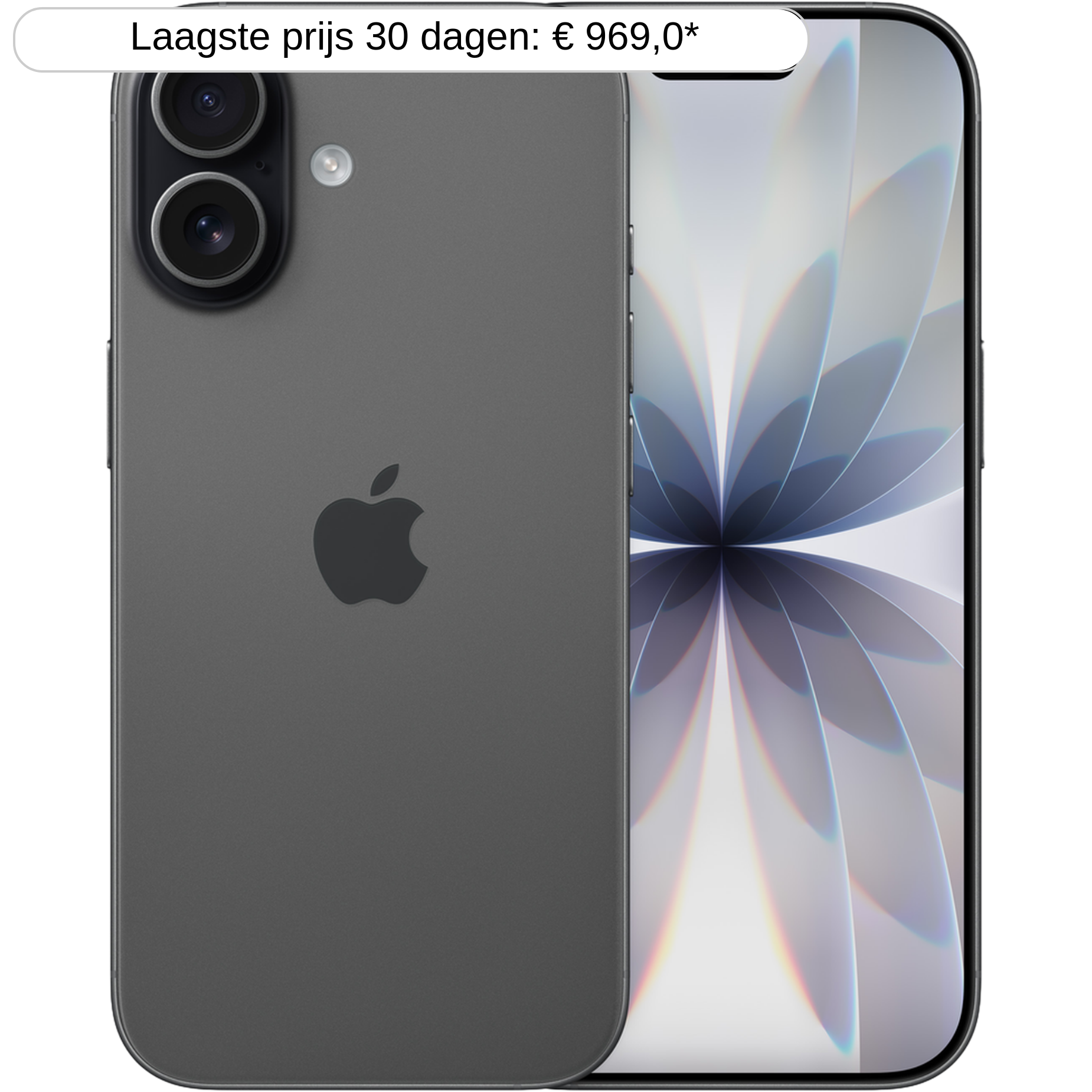 Een donkergrijze smartphone toont de achterkant en het scherm. De achterkant heeft een camera-array en het Apple-logo. Het scherm toont een abstract ontwerp.