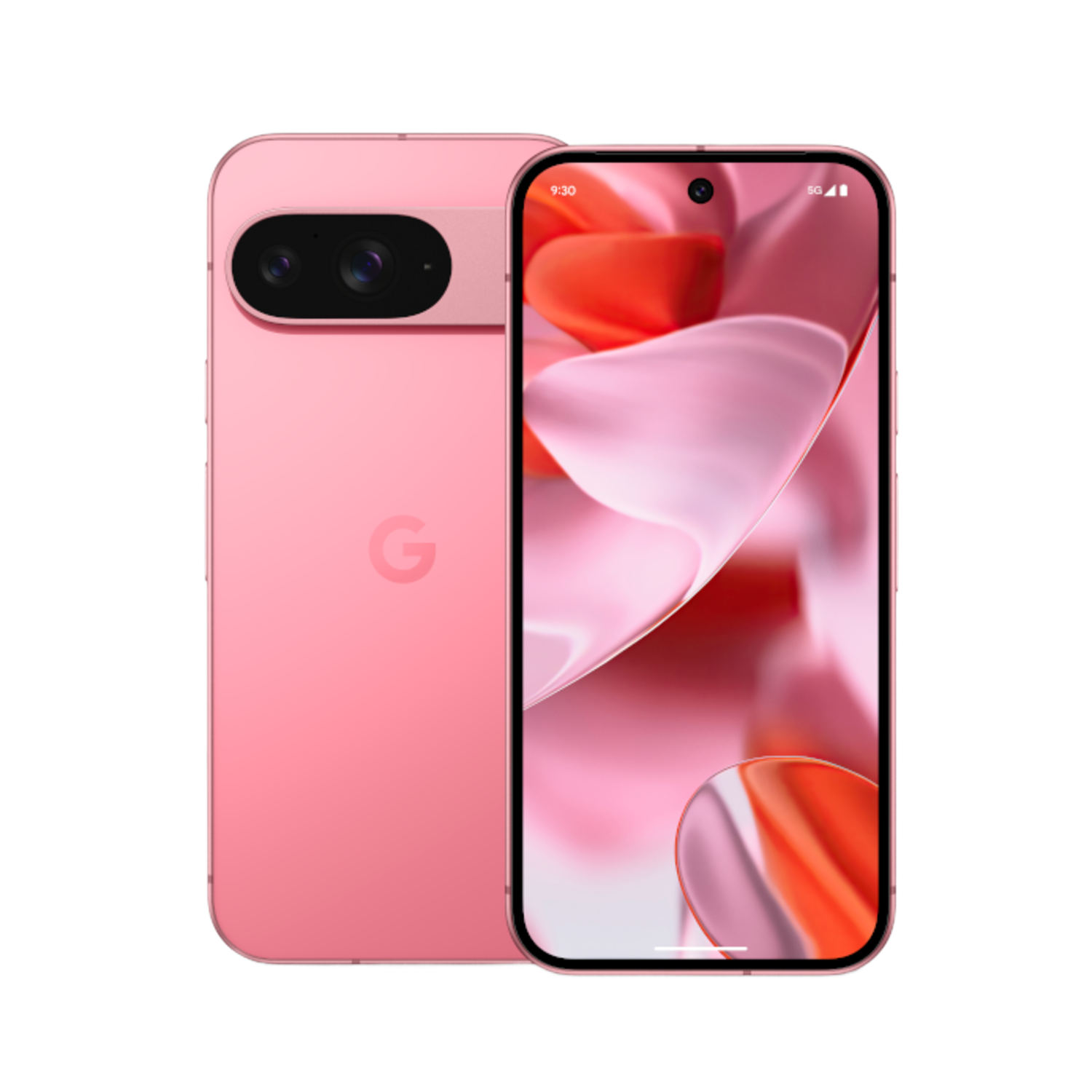 Roze telefoon en hoesje met Google logo. Twee telefoons. Roze en bloemige achtergrond.