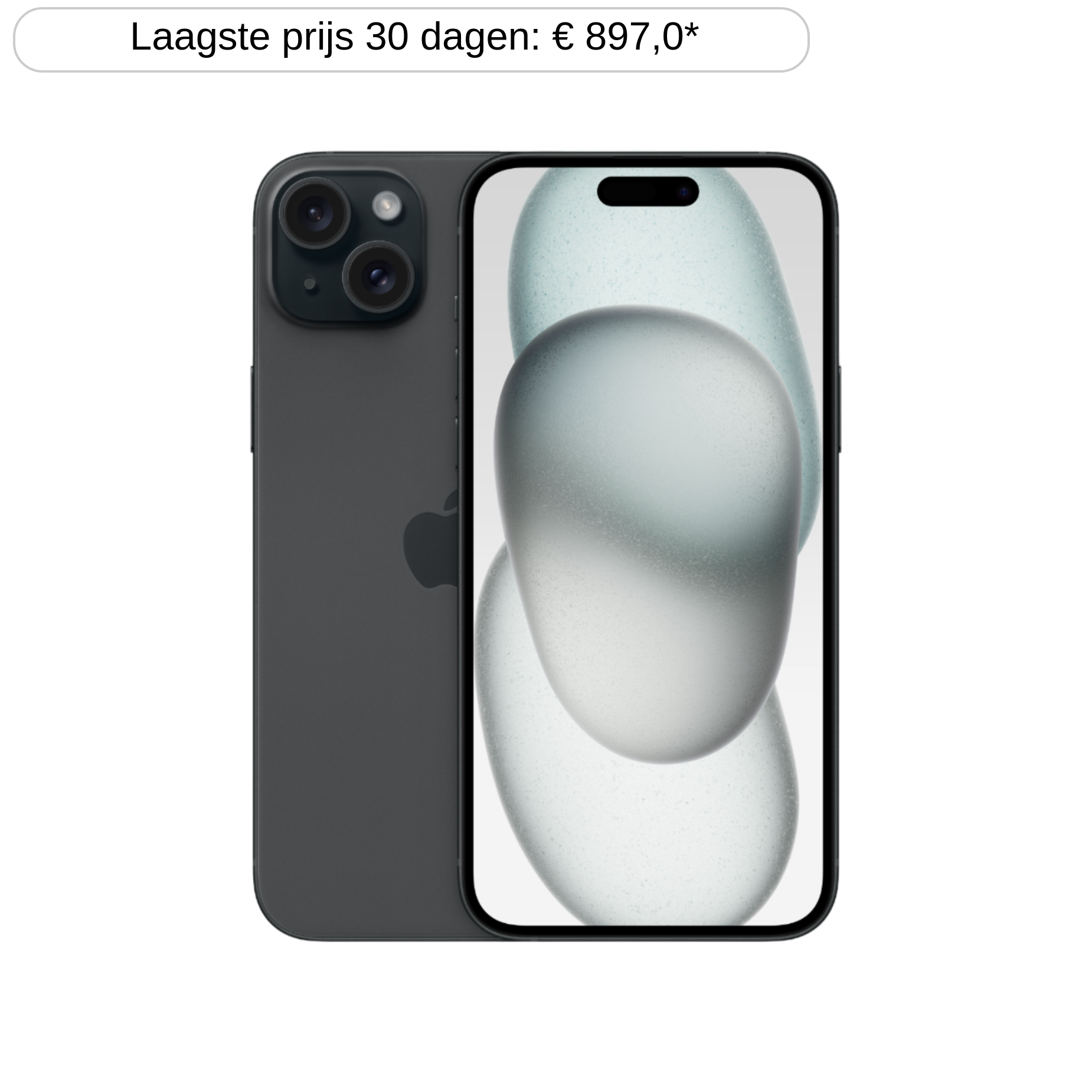 Donkergrijze iPhone met drie camera's en een scherm met abstracte vormen.