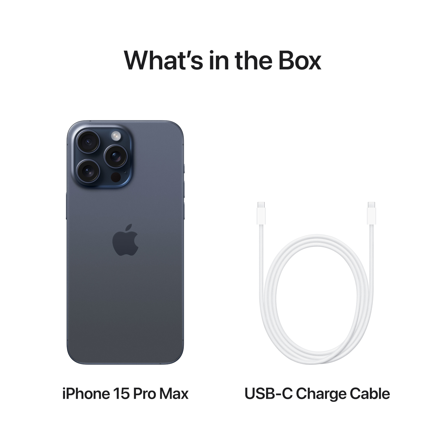 Afbeelding van iPhone 15 Pro Max met een USB-C-oplaadkabel, op een wit oppervlak met tekst.