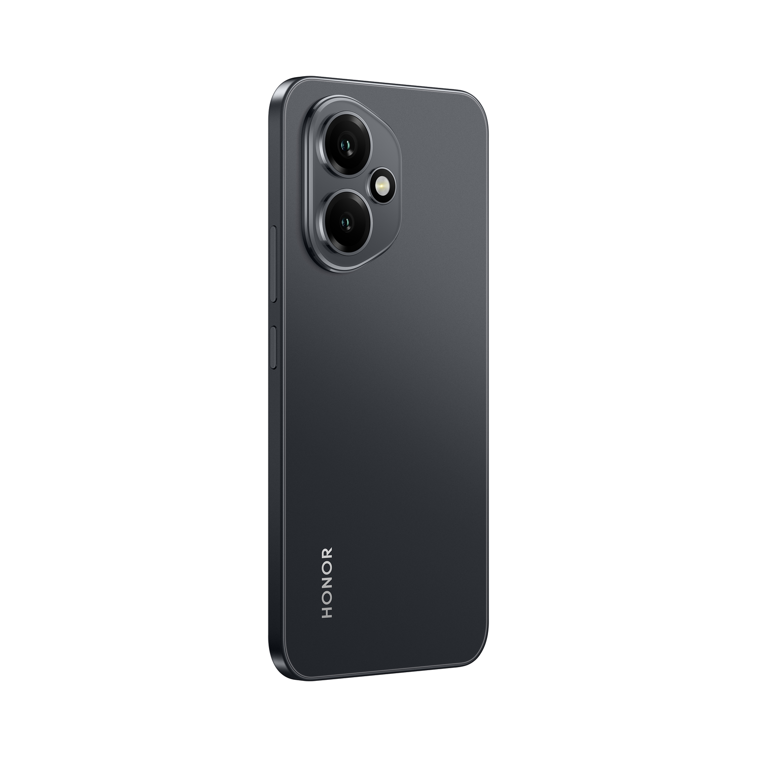 Zwarte Honor-telefoon. Achteraanzicht met dubbele camera's en Honor-logo. Witte achtergrond.