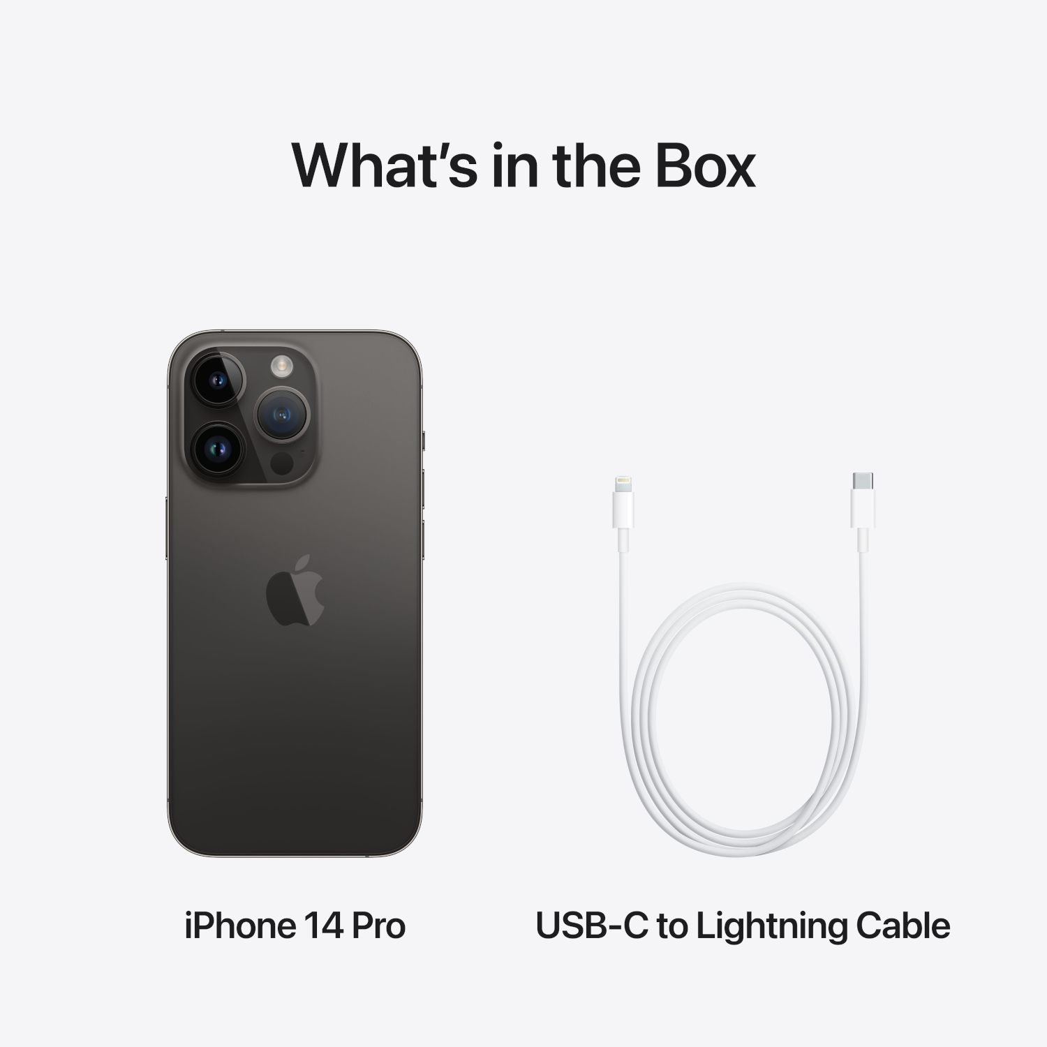 Een iPhone 14 Pro en een USB-C-naar-Lightning-kabel tegen een witte achtergrond.
