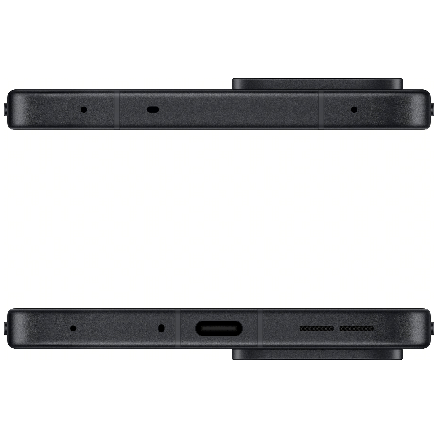 Twee zwarte smartphones worden getoond. De bovenste heeft een camera-uitstulping. De onderste heeft een USB-C-poort en luidsprekergaten.