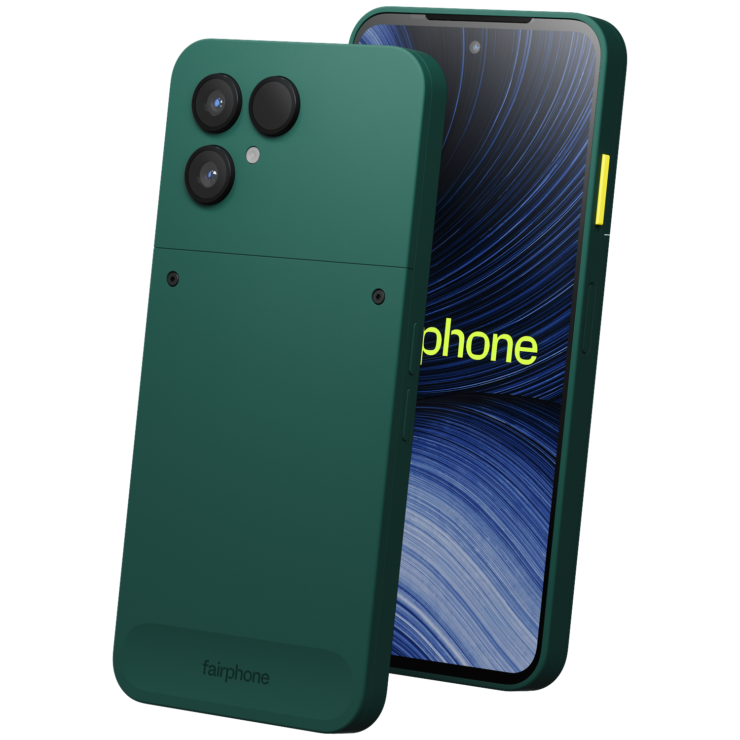 Groene Fairphone getoond van achteren en voren, met modulair ontwerp en blauwe schermafbeelding.