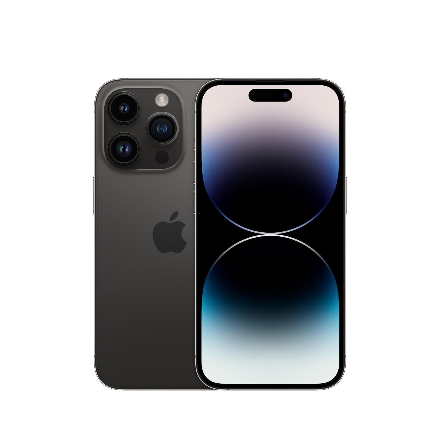 Een smartphone met drie camera's aan de achterkant en een verlicht scherm aan de voorkant op zwarte achtergrond.