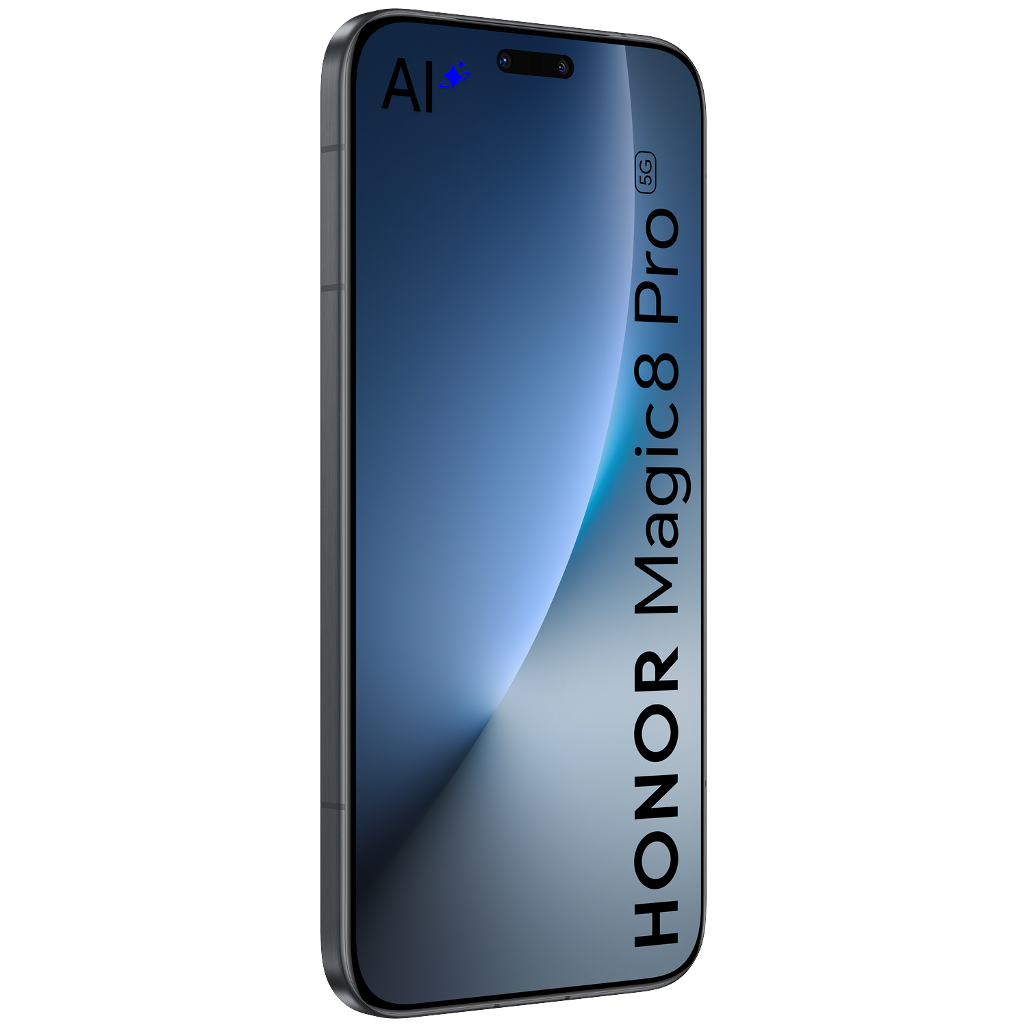Een zwarte Honor Magic 8 Pro 5G smartphone met AI-logo op witte achtergrond.