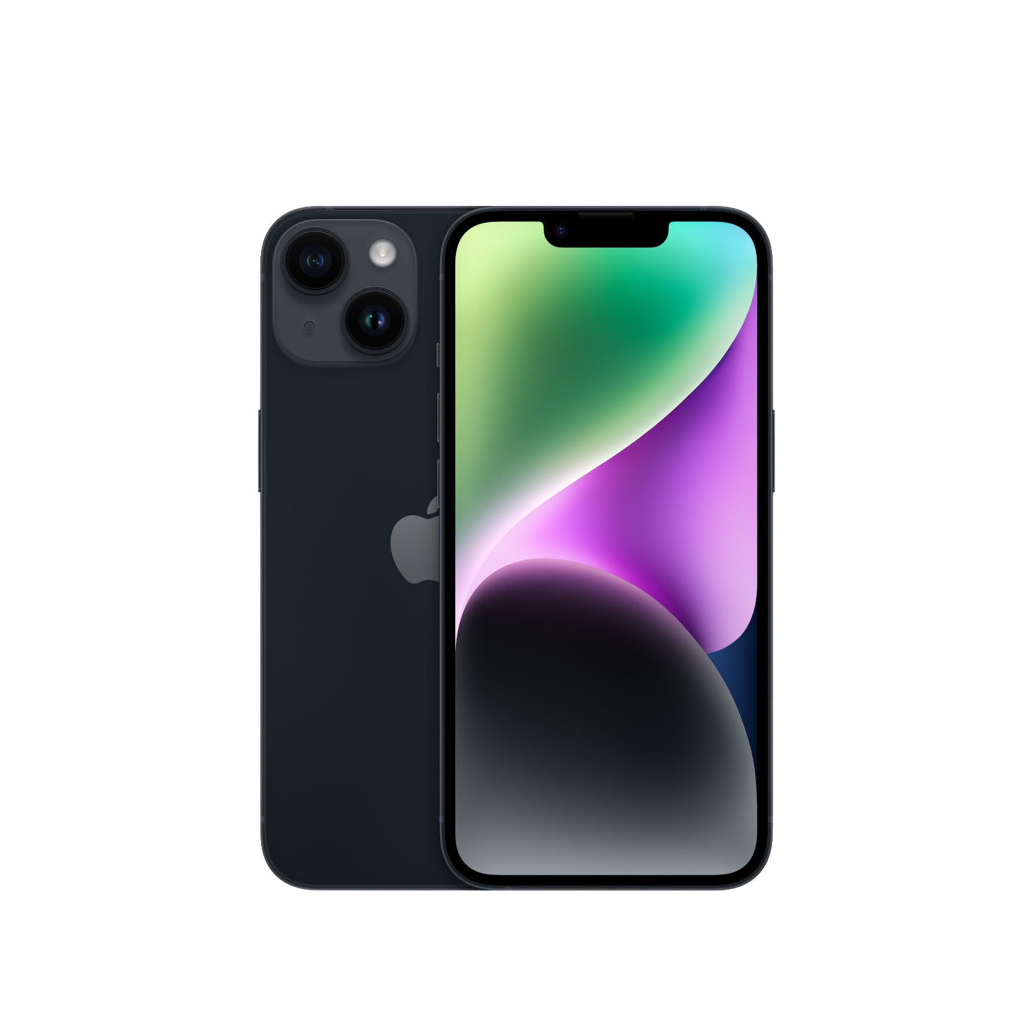 Een zwarte iPhone 14, met de achter- en voorkant.