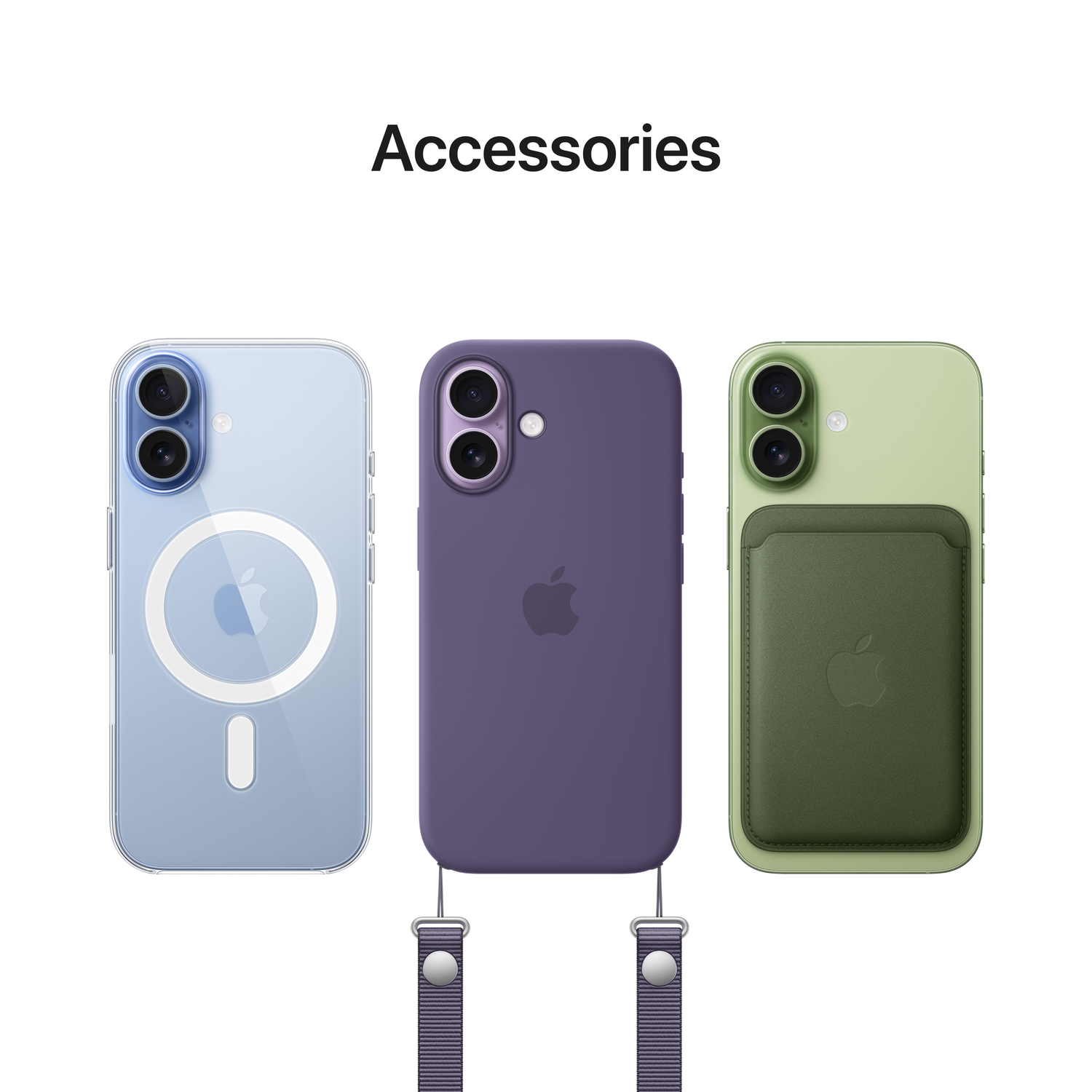 Drie iPhone-hoesjes: transparant, paars en groen. Elk met Apple-logo. De paarse hoes heeft een bandje. Tekst 'Accessoires' hierboven.
