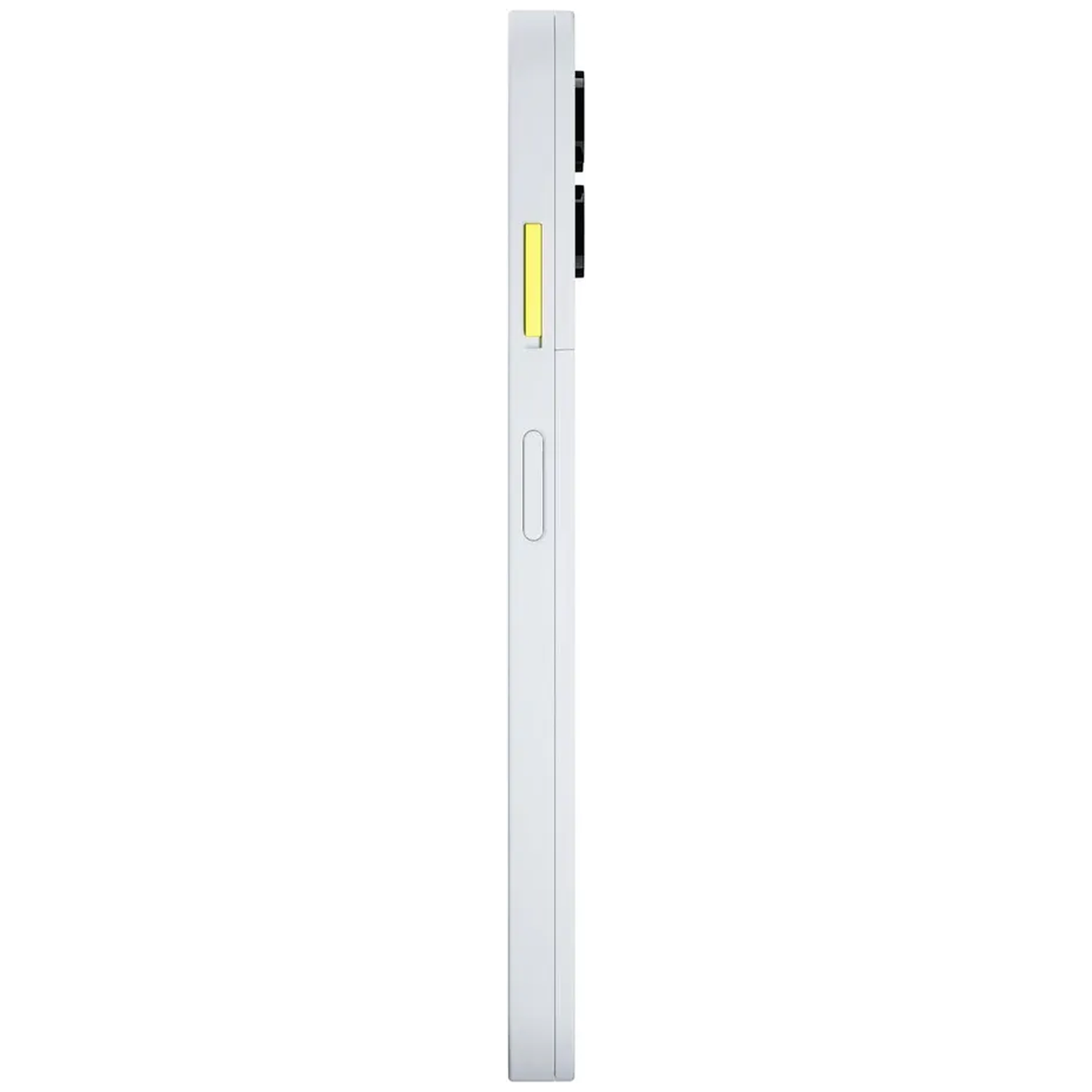 Een witte smartphone met een gele accent en camera's aan de rechterkant.