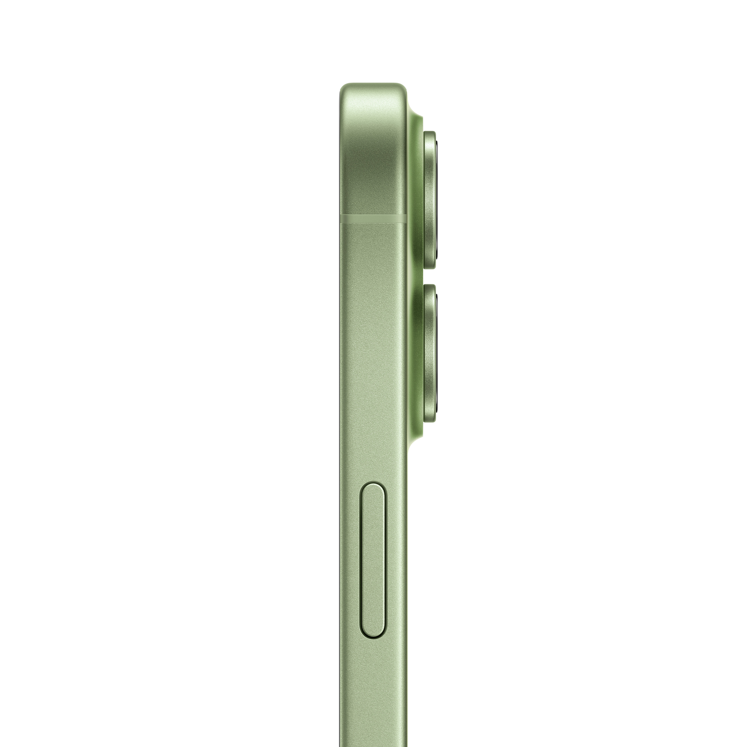 Zijaanzicht van een lichtgroene smartphone. Het heeft twee cameralenzen en een volumeknop aan de zijkant. De achtergrond is wit.