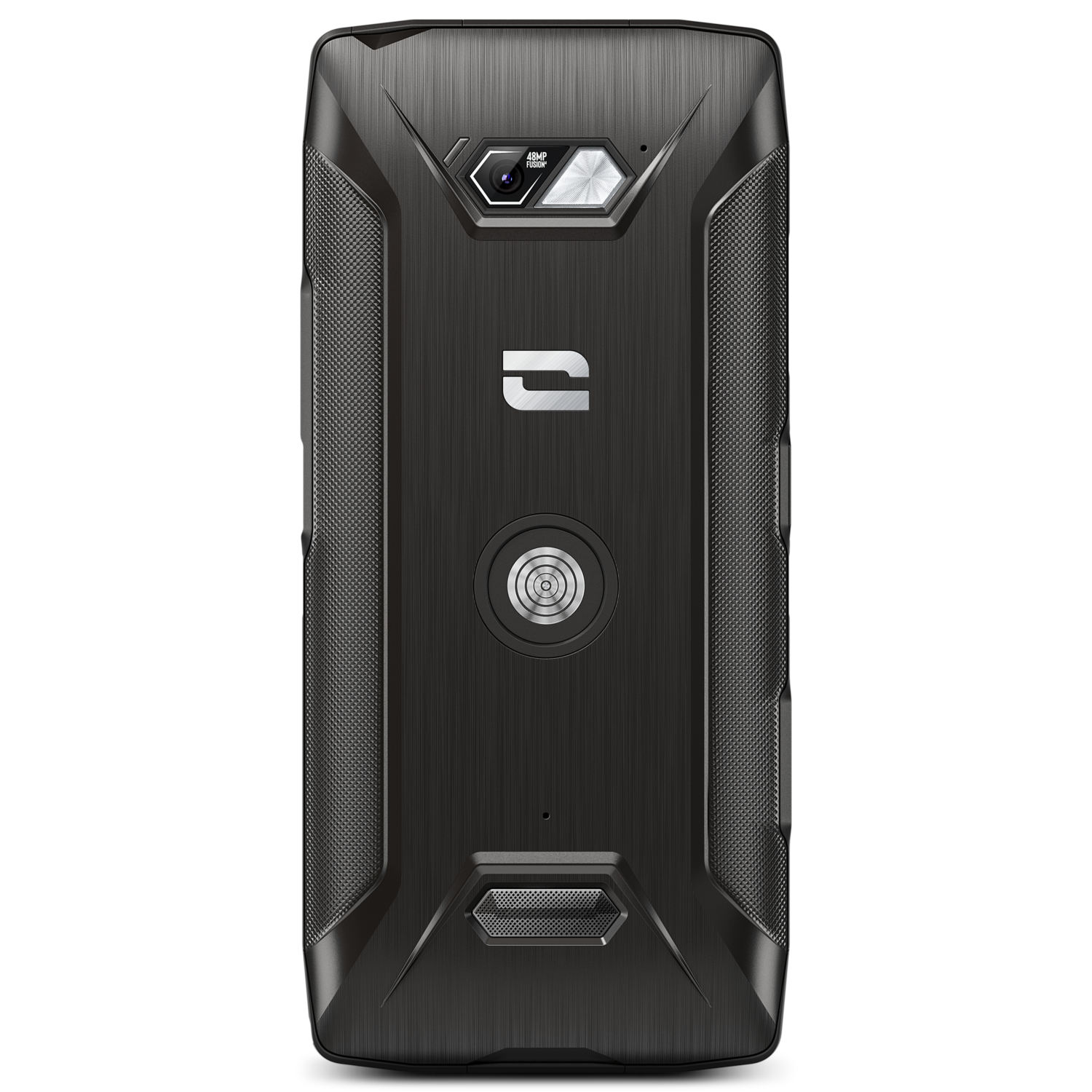 De achterkant van een zwarte smartphone met een camera en het merklogo.