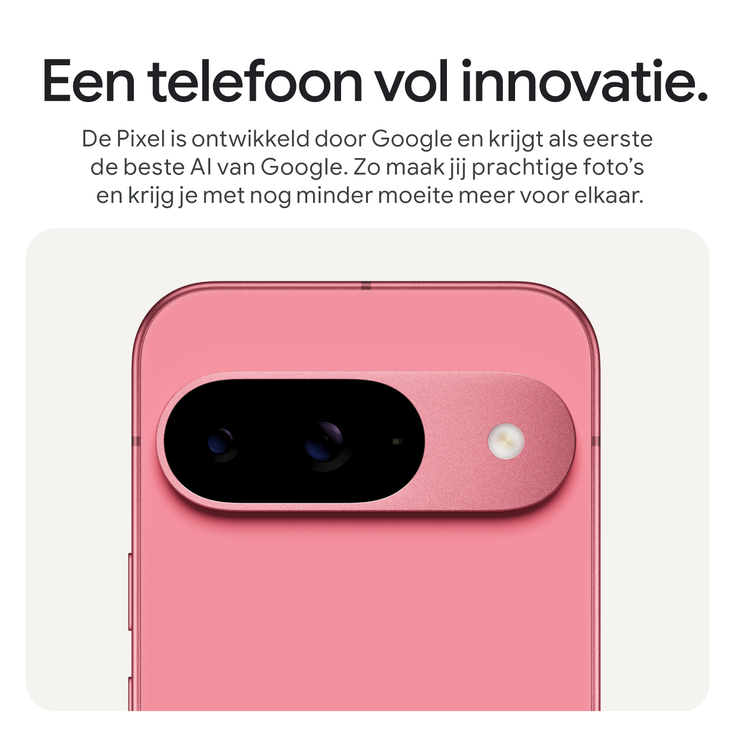 Roze Google Pixel telefoon, achteraanzicht. Camerabalk is zichtbaar.