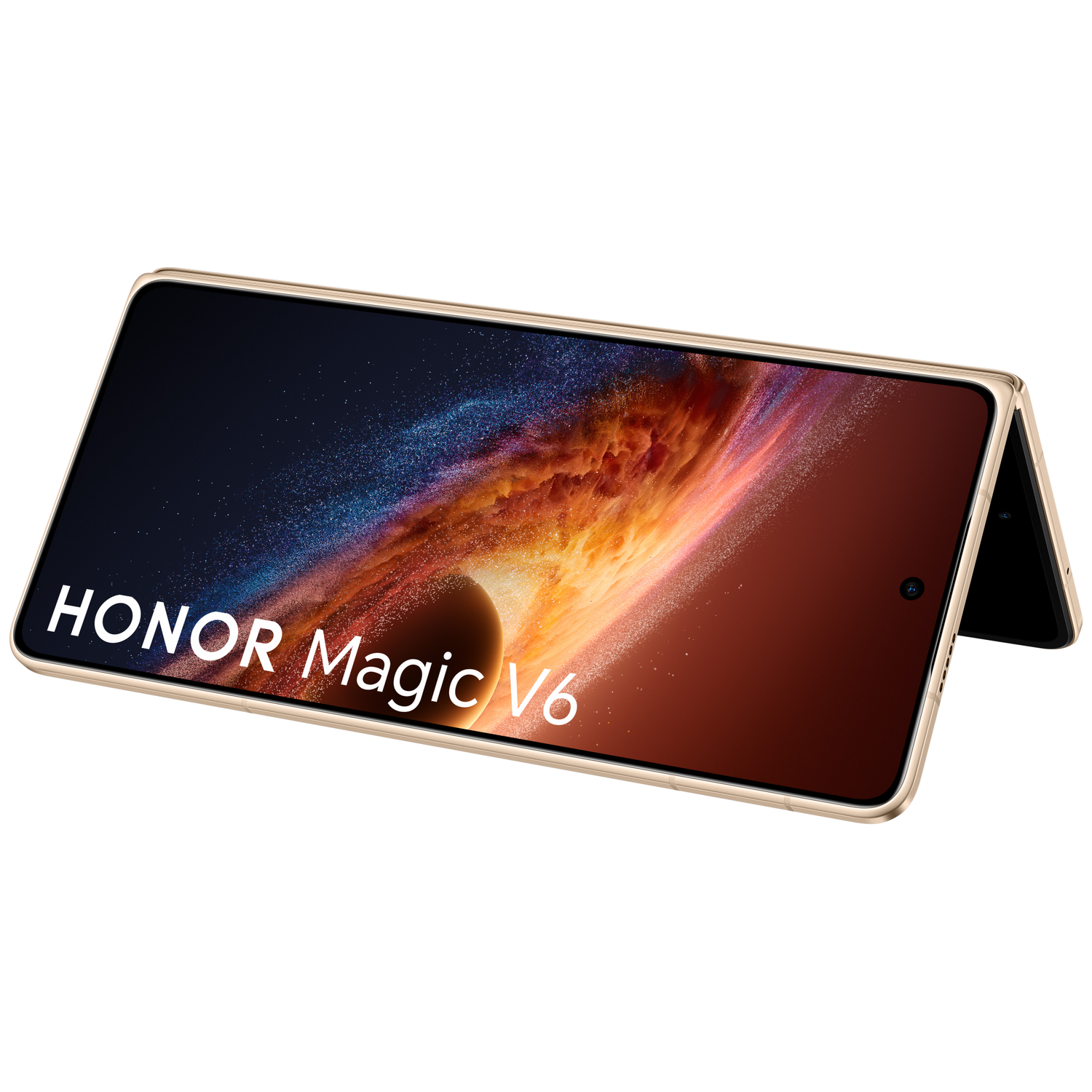 Gouden opvouwbare Honor Magic V6 smartphone met kosmische achtergrond.