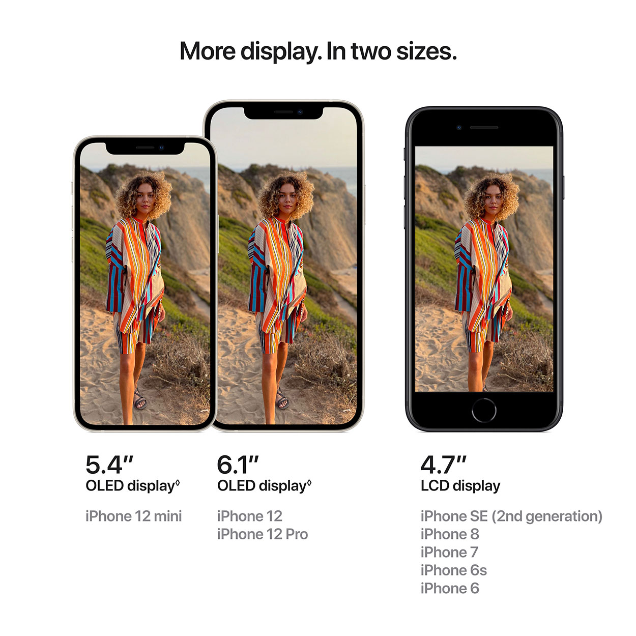 Drie iPhones met verschillende schermformaten en tekst. De achtergrond is een landschap met een vrouw.