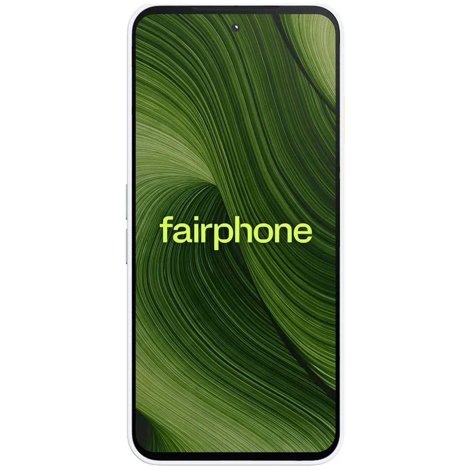 Een Fairphone met witte rand en groene golvende achtergrond.
