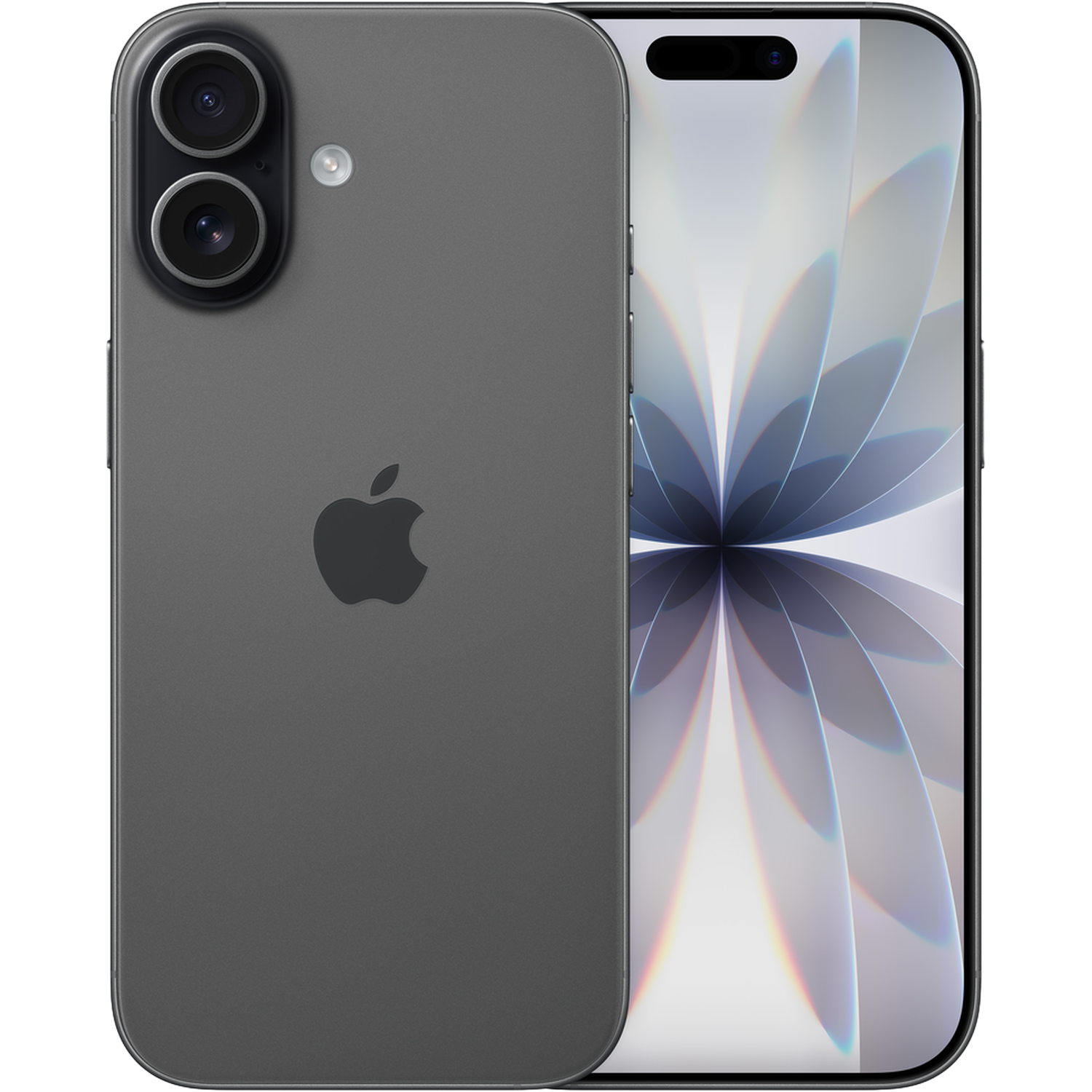 Donkergrijze smartphone met dubbele camera, Apple-logo en scherm met abstract bloemendesign.