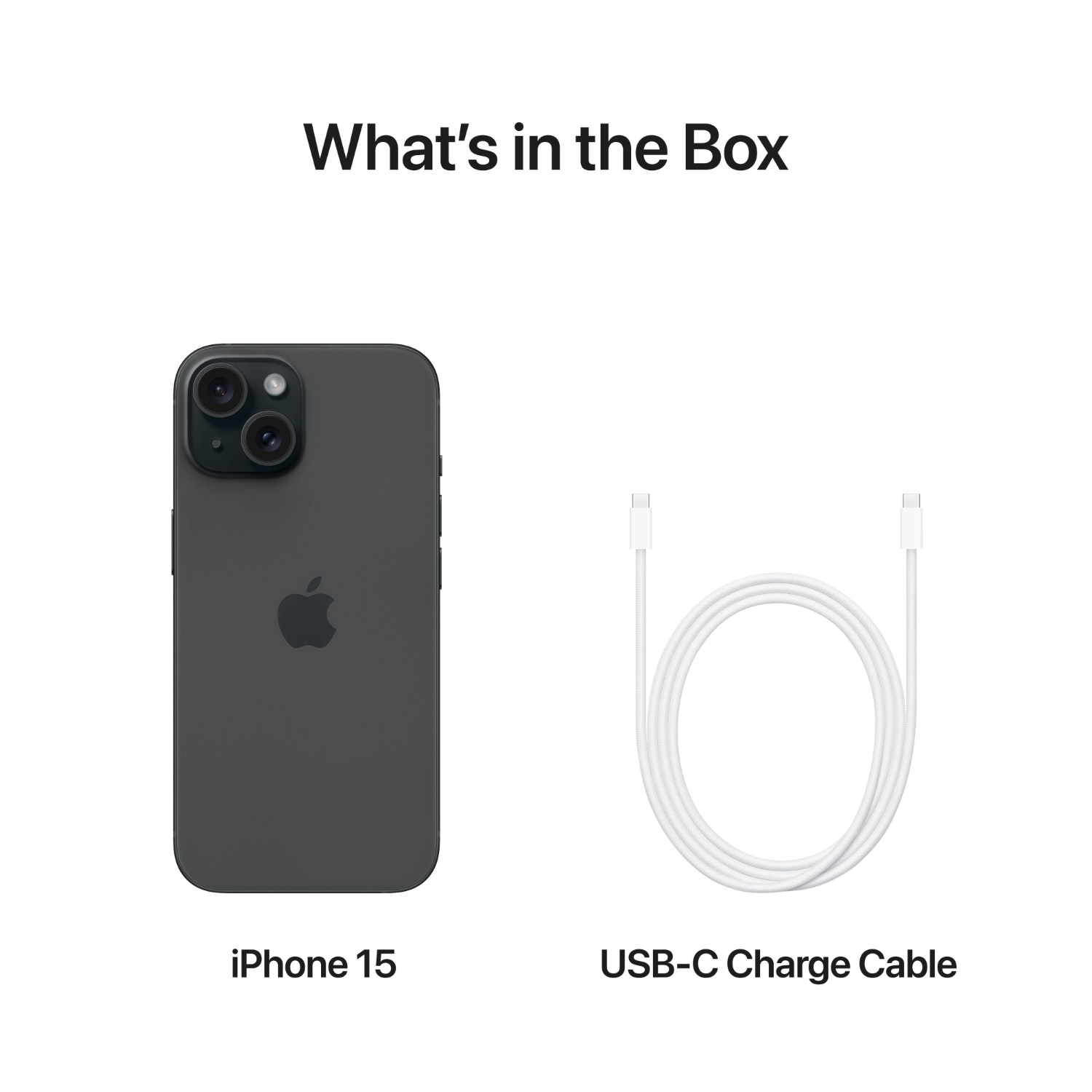 iPhone 15 en USB-C-oplaadkabel op witte achtergrond. Tekst luidt 'What's in the Box'.