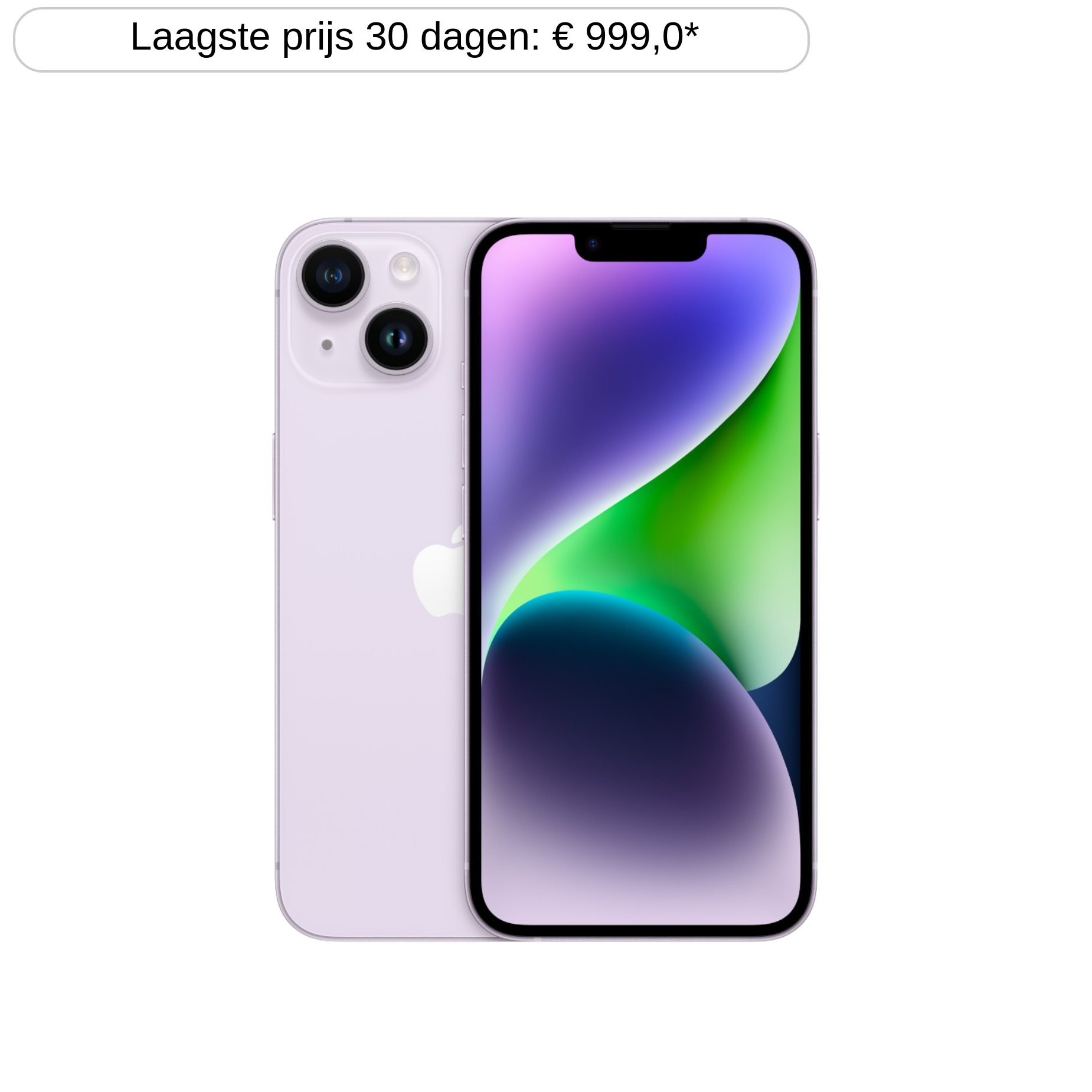 Twee lila iPhones, een met het scherm zichtbaar. Het scherm toont een achtergrond van blauwe en groene gradiënt.