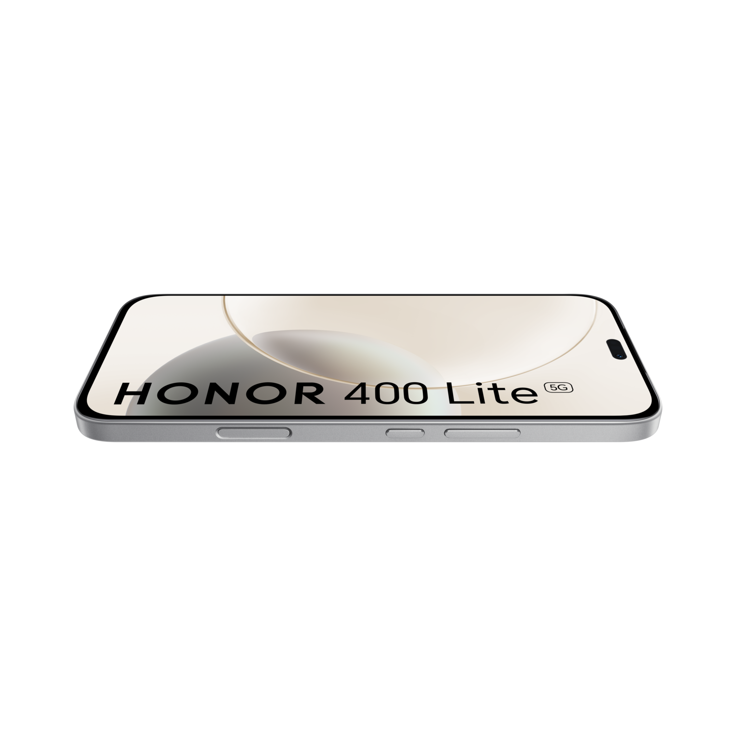 Een zilveren Honor 400 Lite 5G-telefoon, schuin. Het scherm toont een beige en gouden ontwerp met de naam van de telefoon. De achtergrond is zwart.