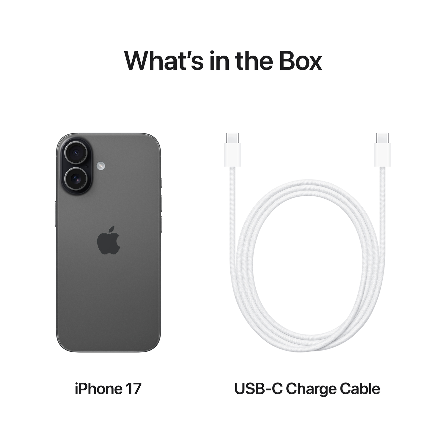 Een iPhone 17 en een USB-C oplaadkabel op een witte achtergrond. De telefoon is grijs, de kabel is wit.