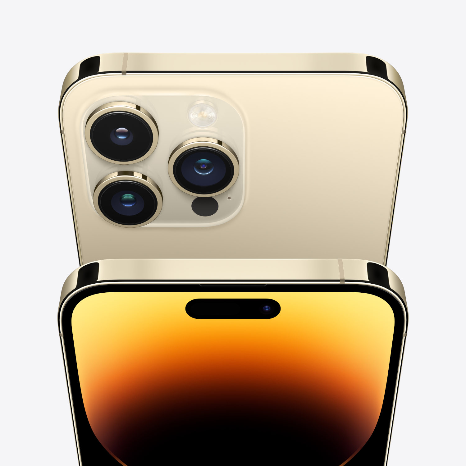 Gouden smartphone, close-up van voor- en achterkant met drievoudige camera en Dynamic Island.