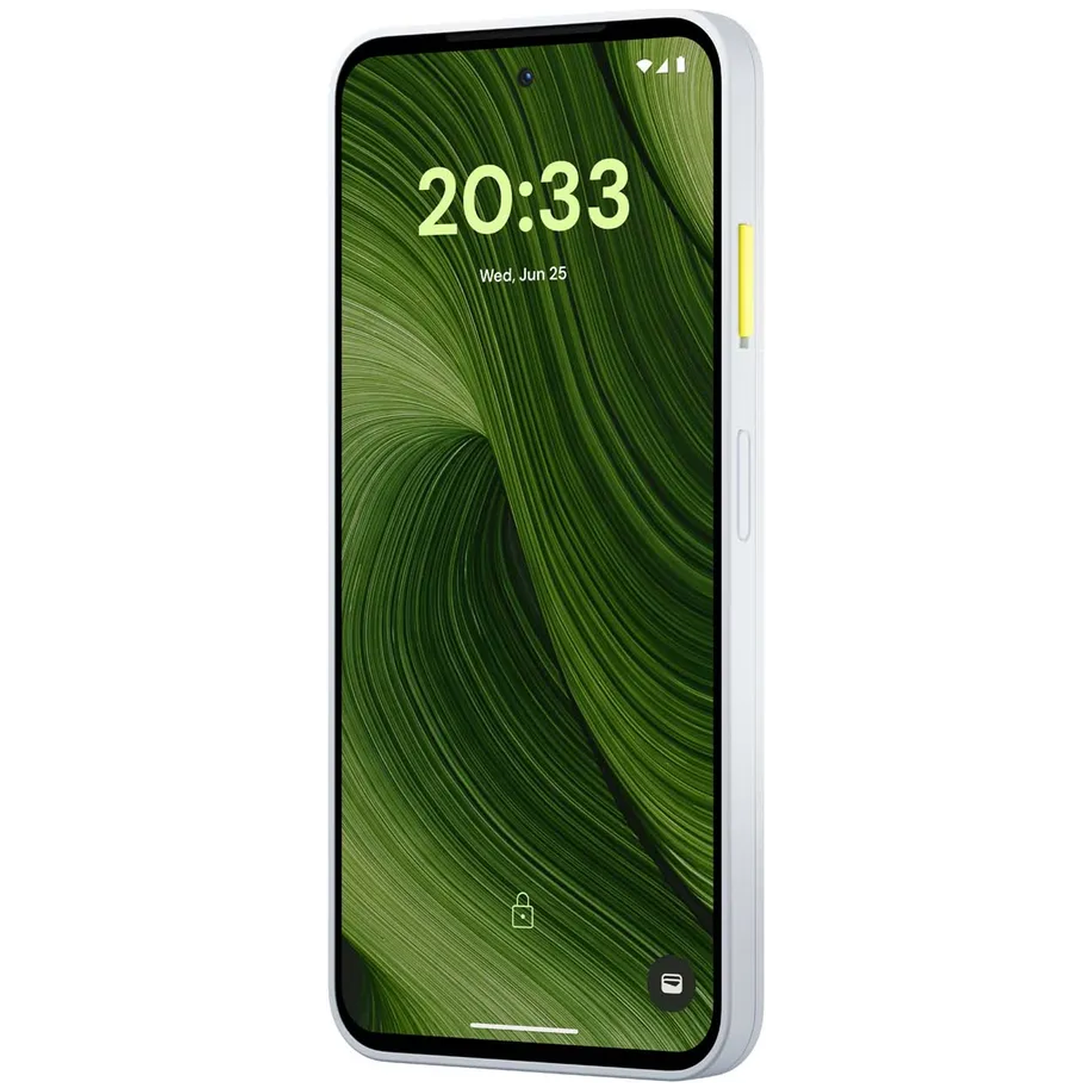 Een witte smartphone toont 20:33 en een abstracte groene achtergrond.