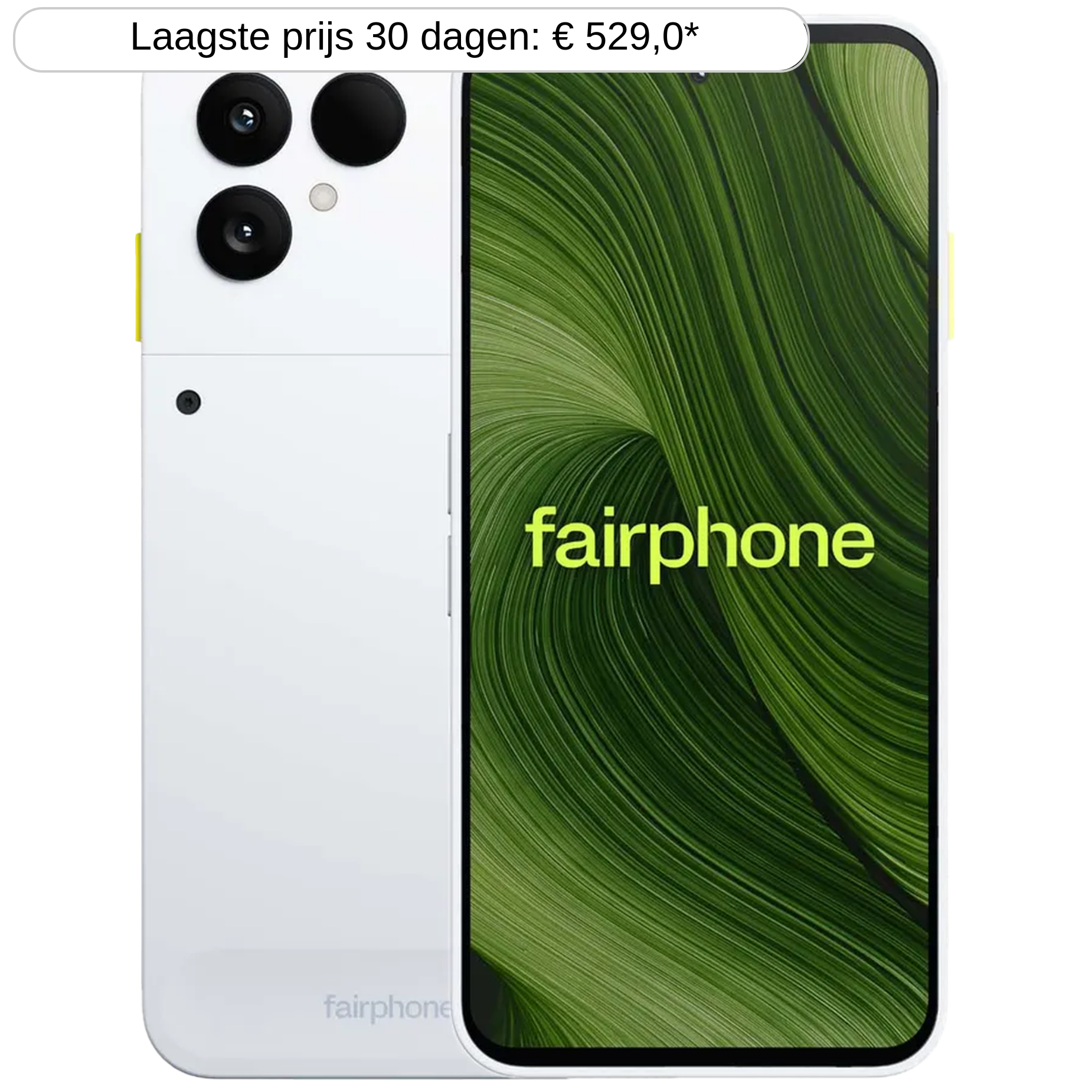 Een witte Fairphone met drie camera's aan de achterkant en een groen golvend patroon op het scherm.