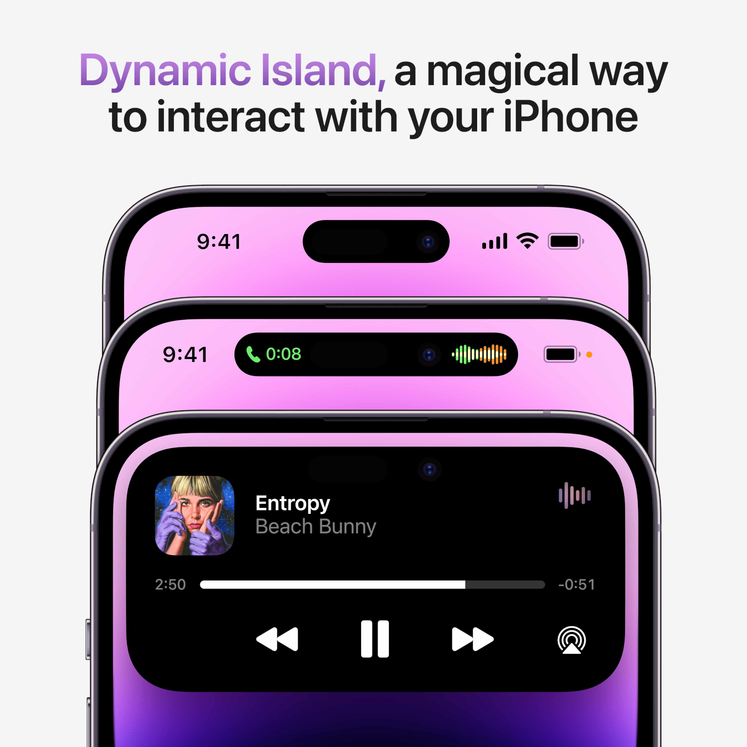 Drie iPhones tonen de Dynamic Island met verschillende widgets zoals muziek en oproepen.