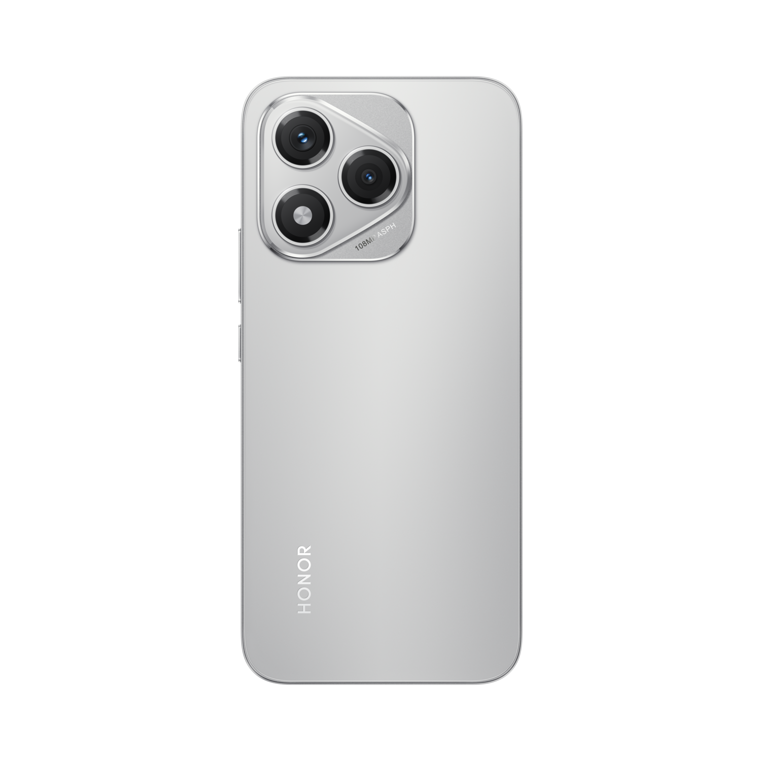 Zilveren smartphone achterkant met drievoudige camera, HONOR logo en zwarte achtergrond.