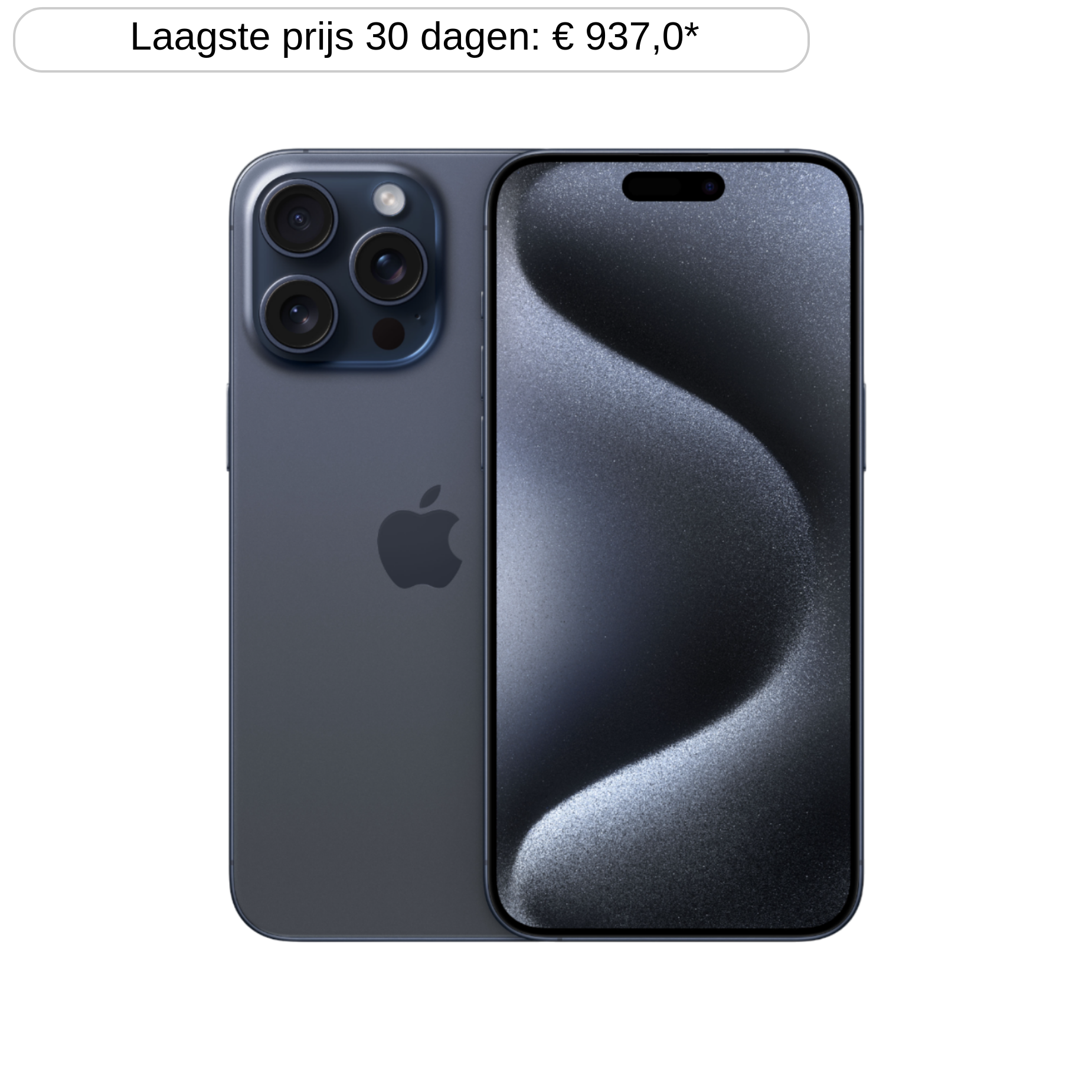 Donkerblauwe iPhone met een zwart scherm dat een verloop toont, met het Apple-logo.