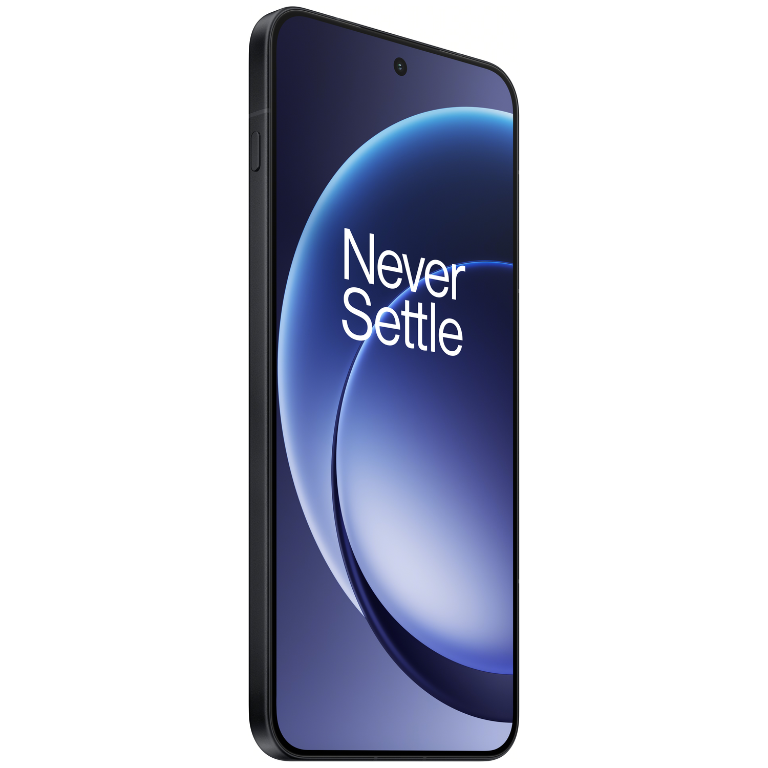 Een zwarte smartphone met een gebogen scherm toont een blauw-witte afbeelding met de tekst "Never Settle".