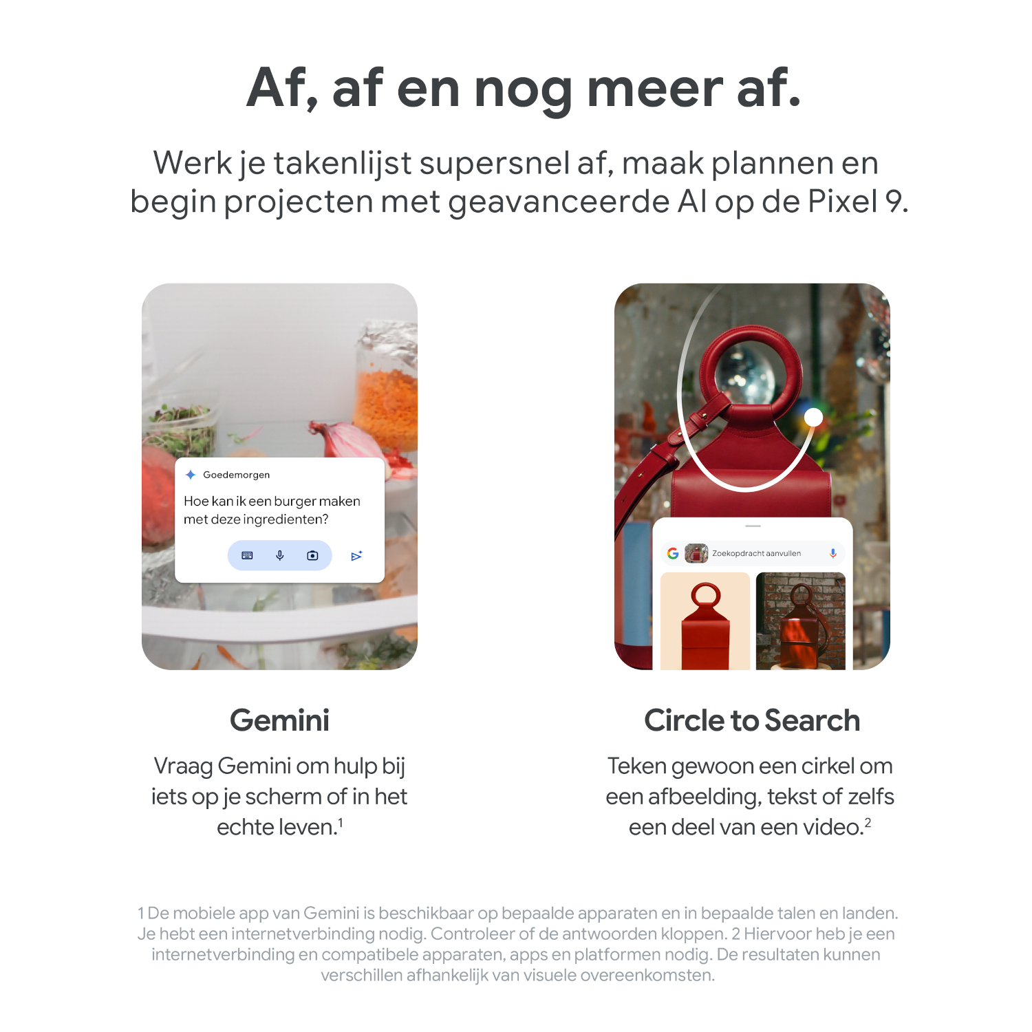Twee screenshots van apps met Nederlandse tekst. Eén toont een koelkast, de andere een rode zoekbalk.