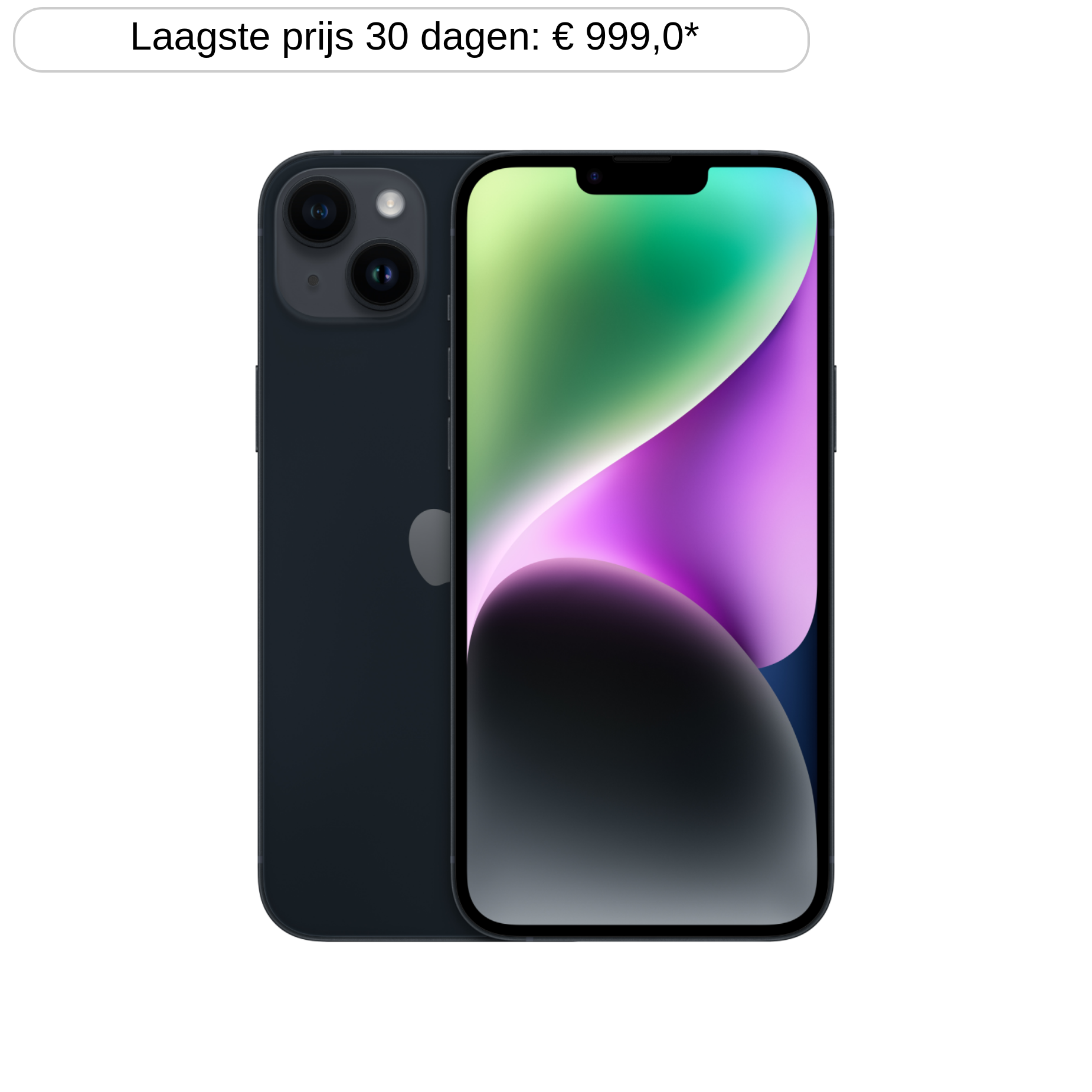 Zwarte iPhone 14, achter- en vooraanzicht. Het scherm toont een kleurrijke abstracte afbeelding. Zwarte achtergrond.