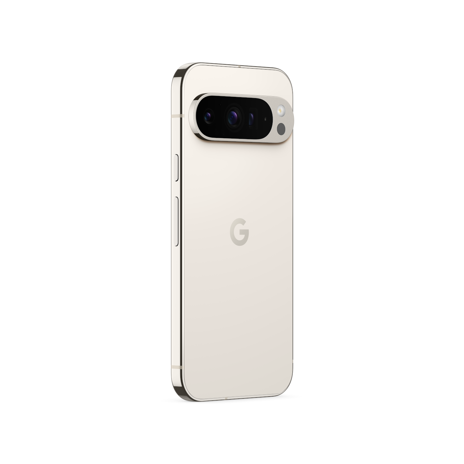 De achterkant van een smartphone met twee camera's, op een witte achtergrond, met de letter G.