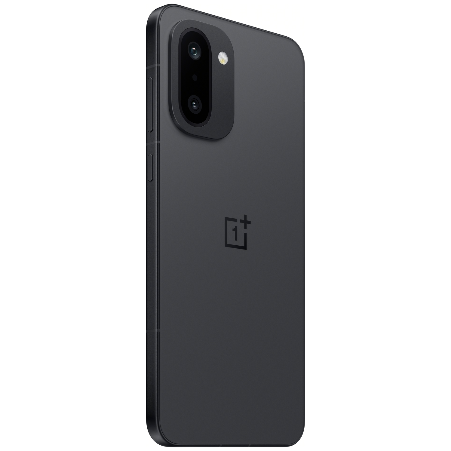 Een donkergrijze smartphone met twee camera's en een flitser wordt schuin weergegeven. Het OnePlus-logo is zichtbaar op de achterkant.